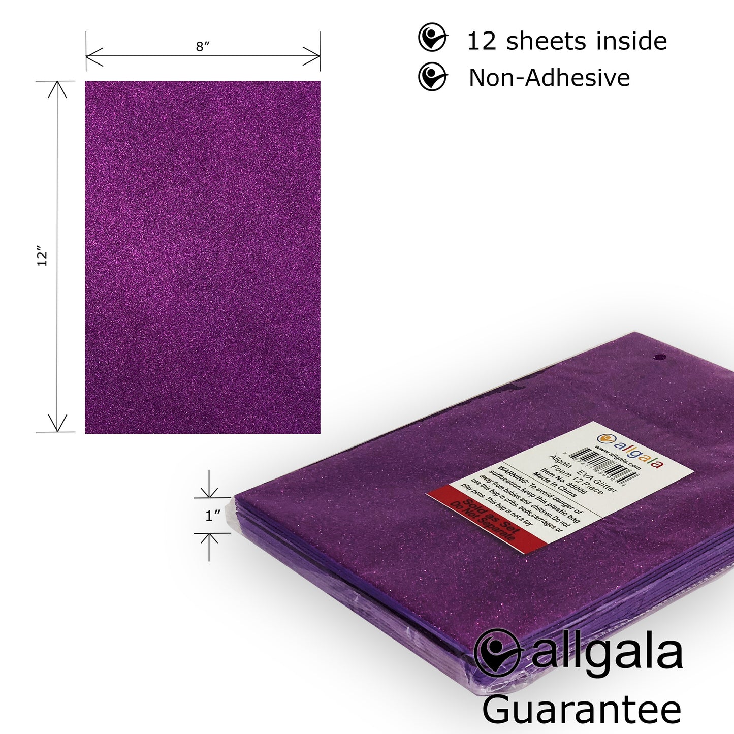 Allgala Foam Sheet 12 Pack Glitter EVA Foam Paper 8" x 12" Sheets for Kids Art Project, Cosplay Costume, Arts and Crafts