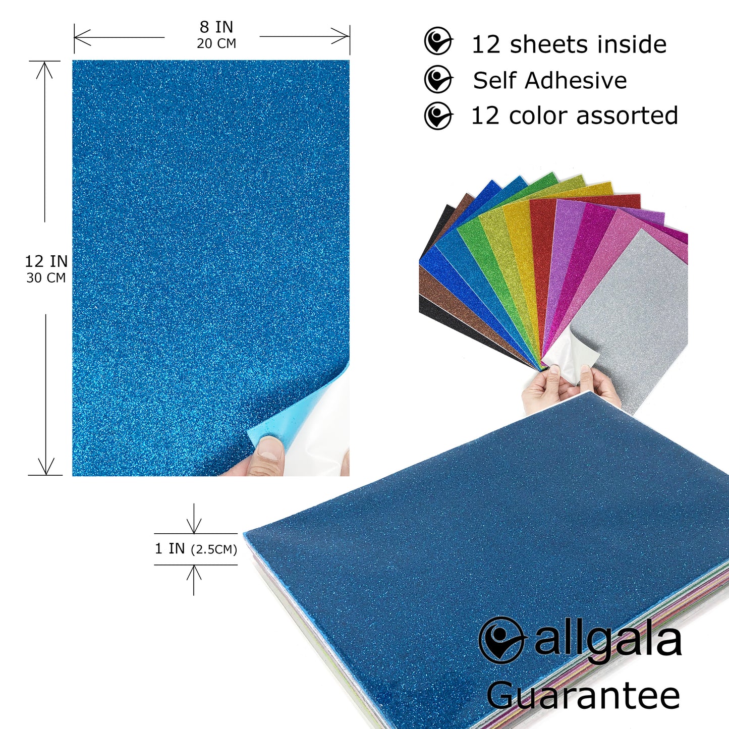 Allgala Foam Sheet Self Adhesive 12 Pack Glitter EVA Foam Paper 8" x 12" Sheets for Kids Art Project, Cosplay Costume, Arts and Crafts