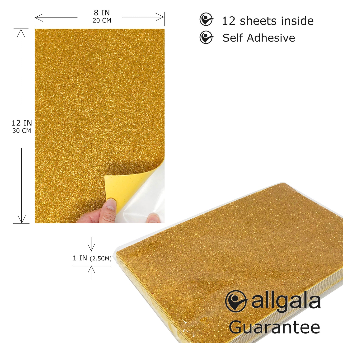 Allgala Foam Sheet Self Adhesive 12 Pack Glitter EVA Foam Paper 8" x 12" Sheets for Kids Art Project, Cosplay Costume, Arts and Crafts
