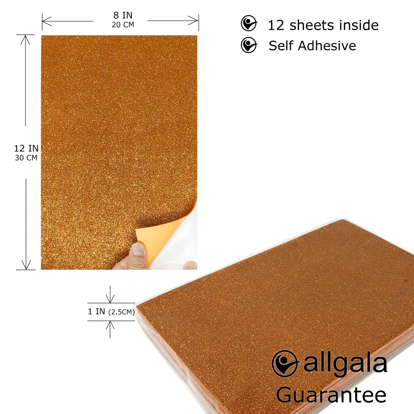 Allgala Foam Sheet Self Adhesive 12 Pack Glitter EVA Foam Paper 8" x 12" Sheets for Kids Art Project, Cosplay Costume, Arts and Crafts