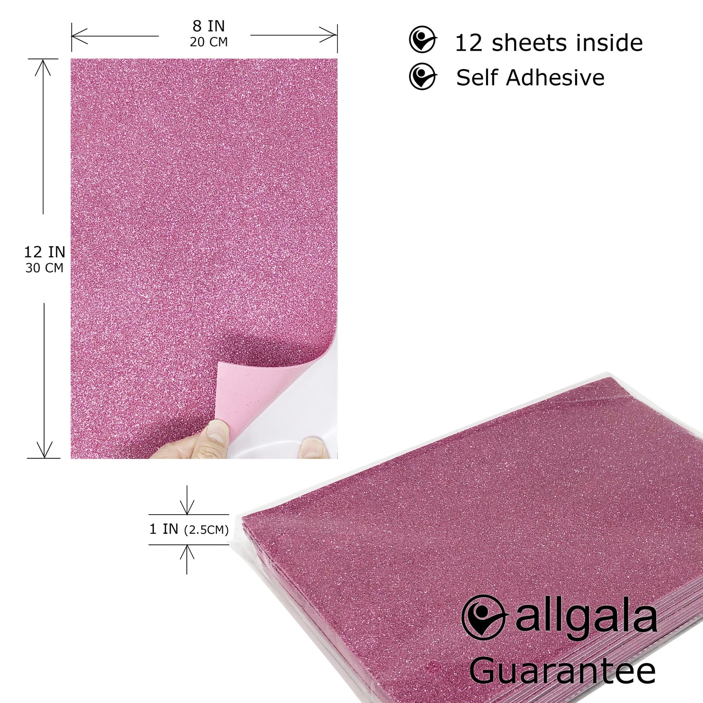 Allgala Foam Sheet Self Adhesive 12 Pack Glitter EVA Foam Paper 8" x 12" Sheets for Kids Art Project, Cosplay Costume, Arts and Crafts