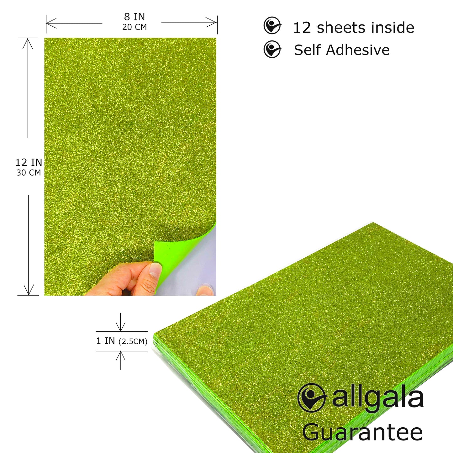 Allgala Foam Sheet Self Adhesive 12 Pack Glitter EVA Foam Paper 8" x 12" Sheets for Kids Art Project, Cosplay Costume, Arts and Crafts