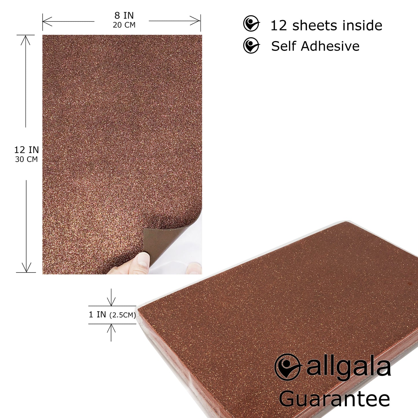 Allgala Foam Sheet Self Adhesive 12 Pack Glitter EVA Foam Paper 8" x 12" Sheets for Kids Art Project, Cosplay Costume, Arts and Crafts