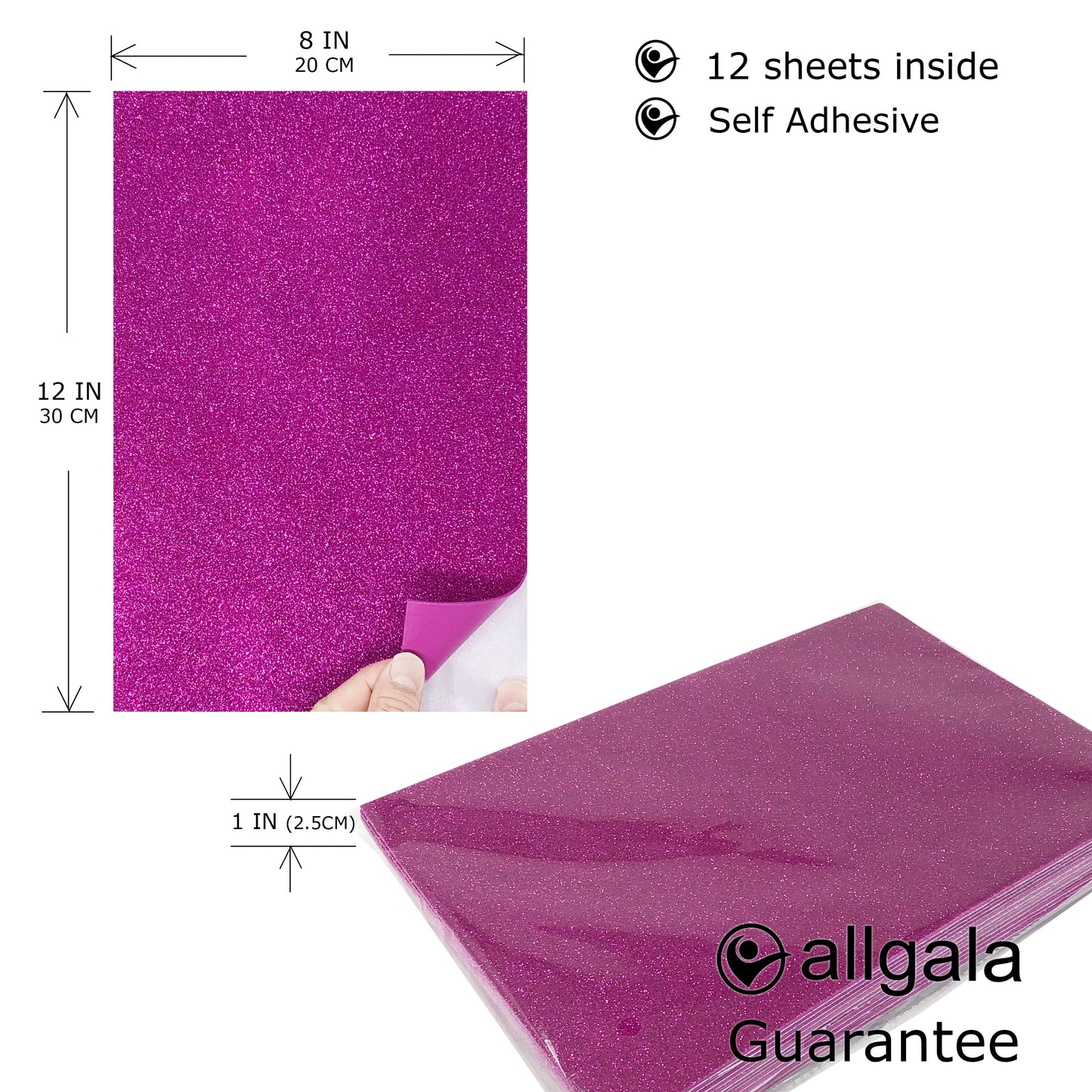 Allgala Foam Sheet Self Adhesive 12 Pack Glitter EVA Foam Paper 8" x 12" Sheets for Kids Art Project, Cosplay Costume, Arts and Crafts