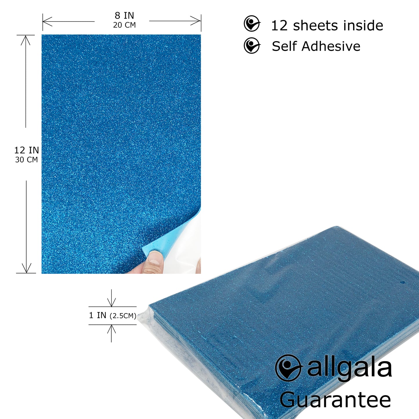 Allgala Foam Sheet Self Adhesive 12 Pack Glitter EVA Foam Paper 8" x 12" Sheets for Kids Art Project, Cosplay Costume, Arts and Crafts