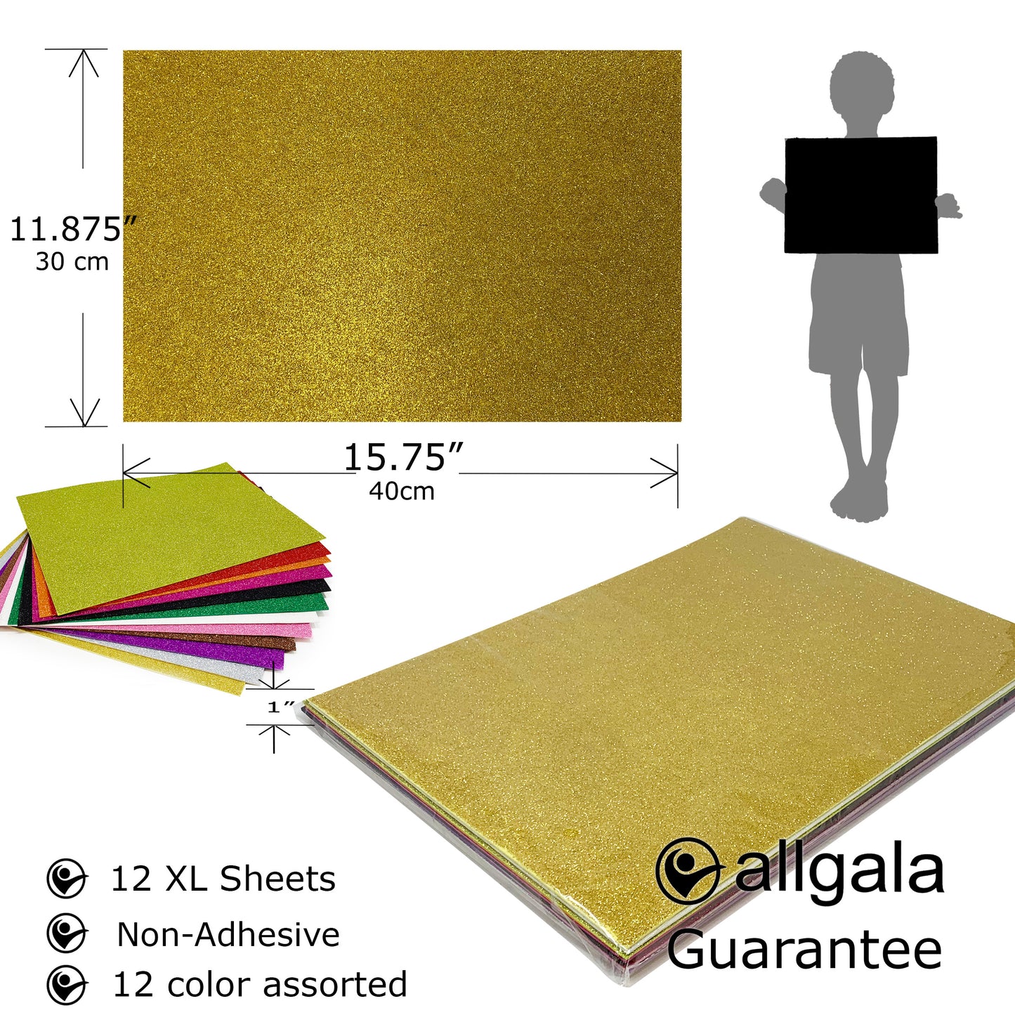 Allgala Foam Sheet 12 Pack XL 12"x16" Glitter EVA Foam Paper Sheets for Kids Art Project, Cosplay Costume, Arts and Crafts