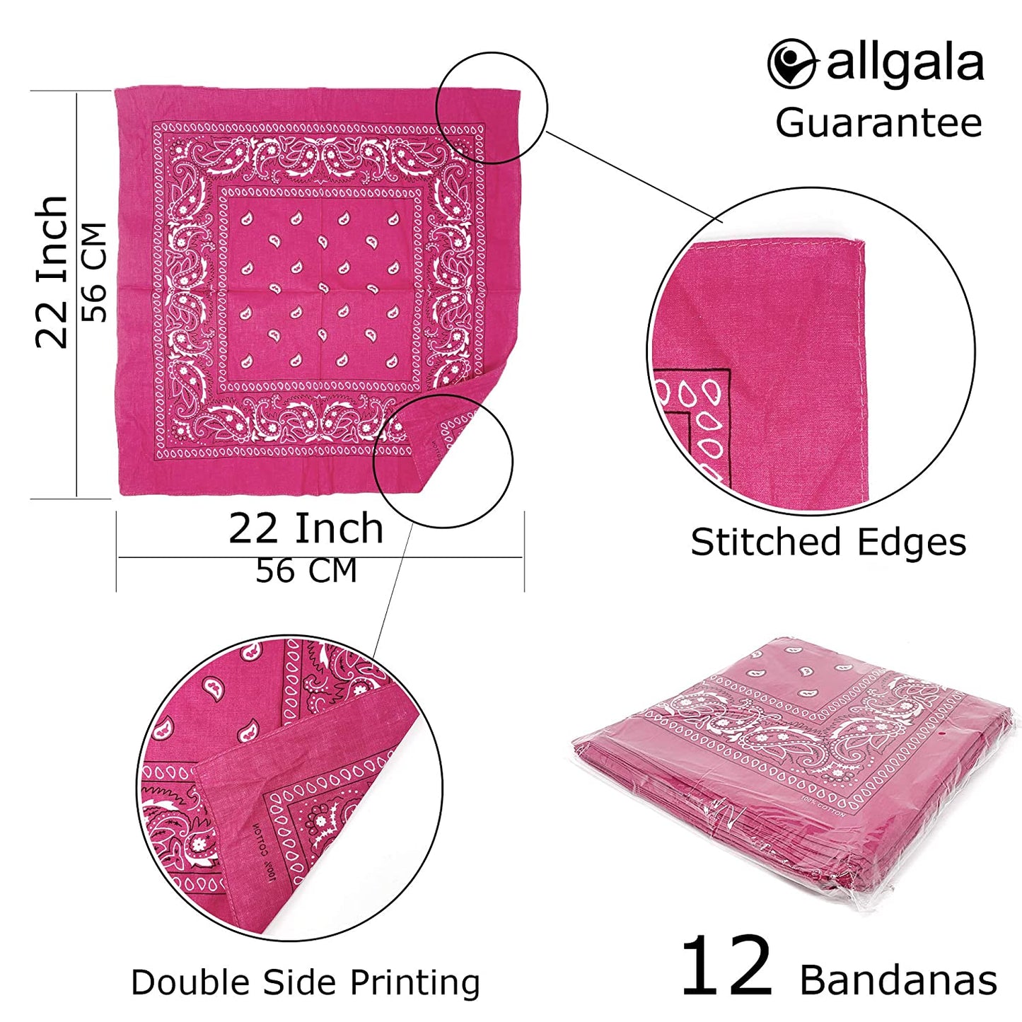 Allgala 12-pc 100% Cotton Bandanas, Paisley Pattern, Fuchsia