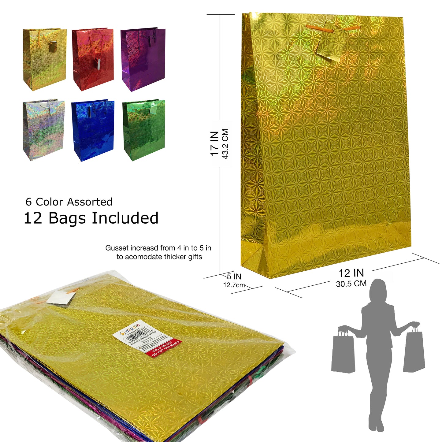 Allgala Gift Bags 12-PC Premium 157GSM Paper Hologram Gift Bags
