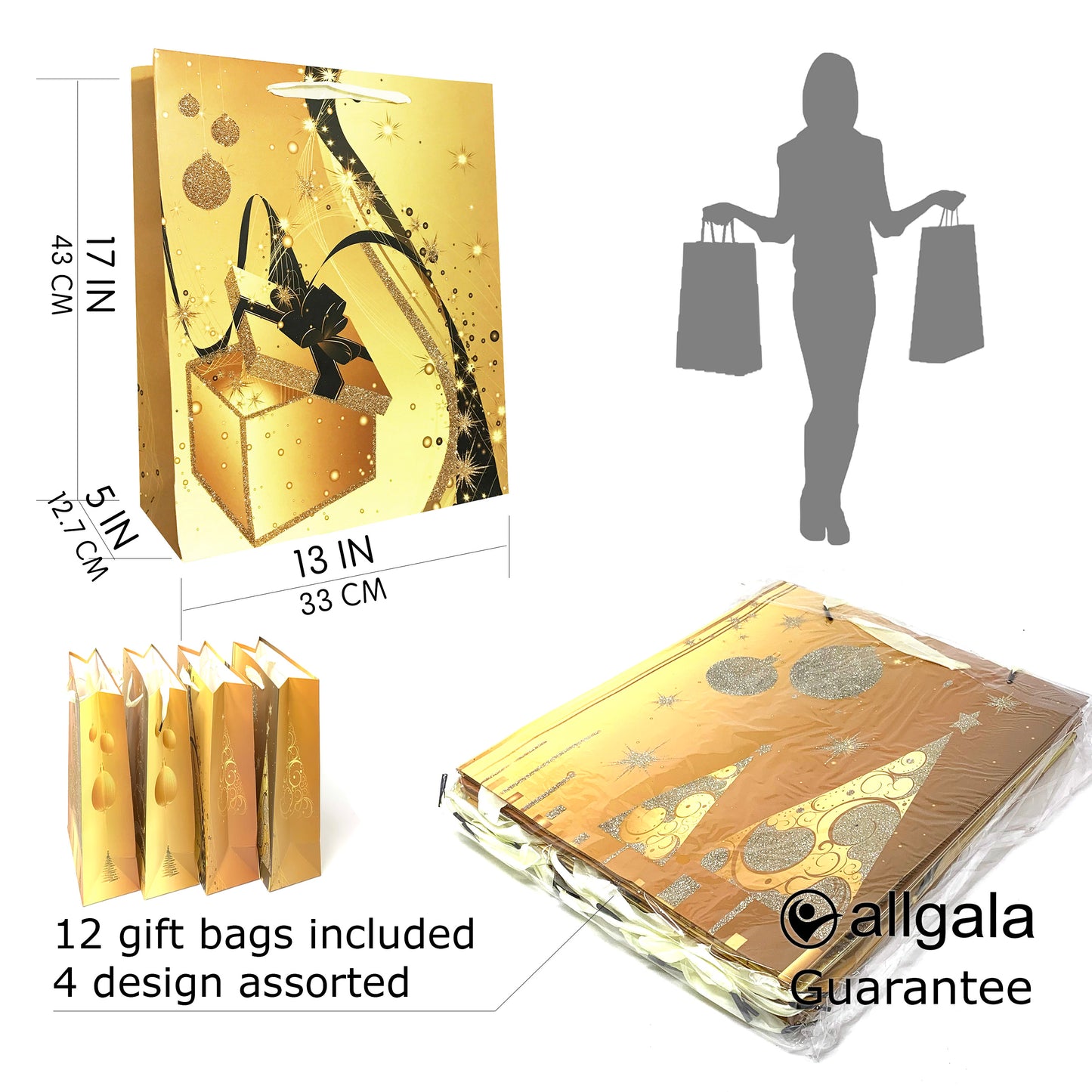 Allgala Gift Bags Christmas Design 12-PC Premium 210GSM Paper Gift Bags