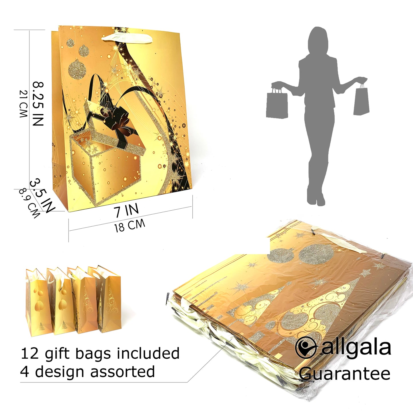 Allgala Gift Bags Christmas Design 12-PC Premium 210GSM Paper Gift Bags
