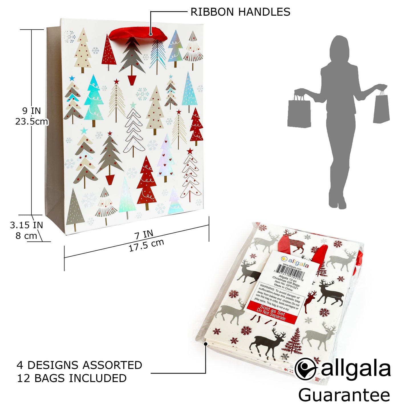 Allgala Gift Bags Christmas 12-PC Premium Metallic Foil Hotstamping or Glitter Chritmas Gift Bag