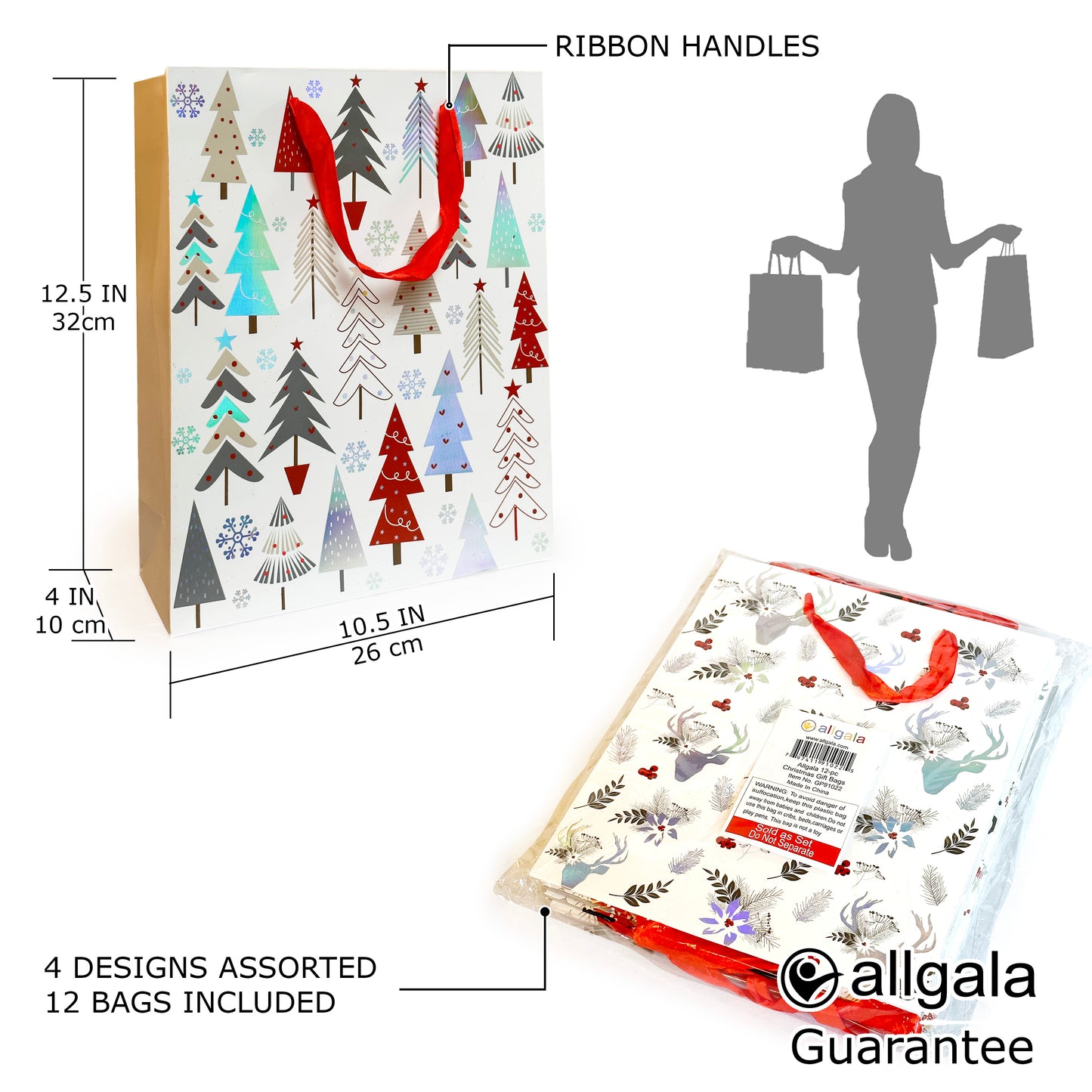 Allgala Gift Bags Christmas 12-PC Premium Metallic Foil Hotstamping or Glitter Chritmas Gift Bag