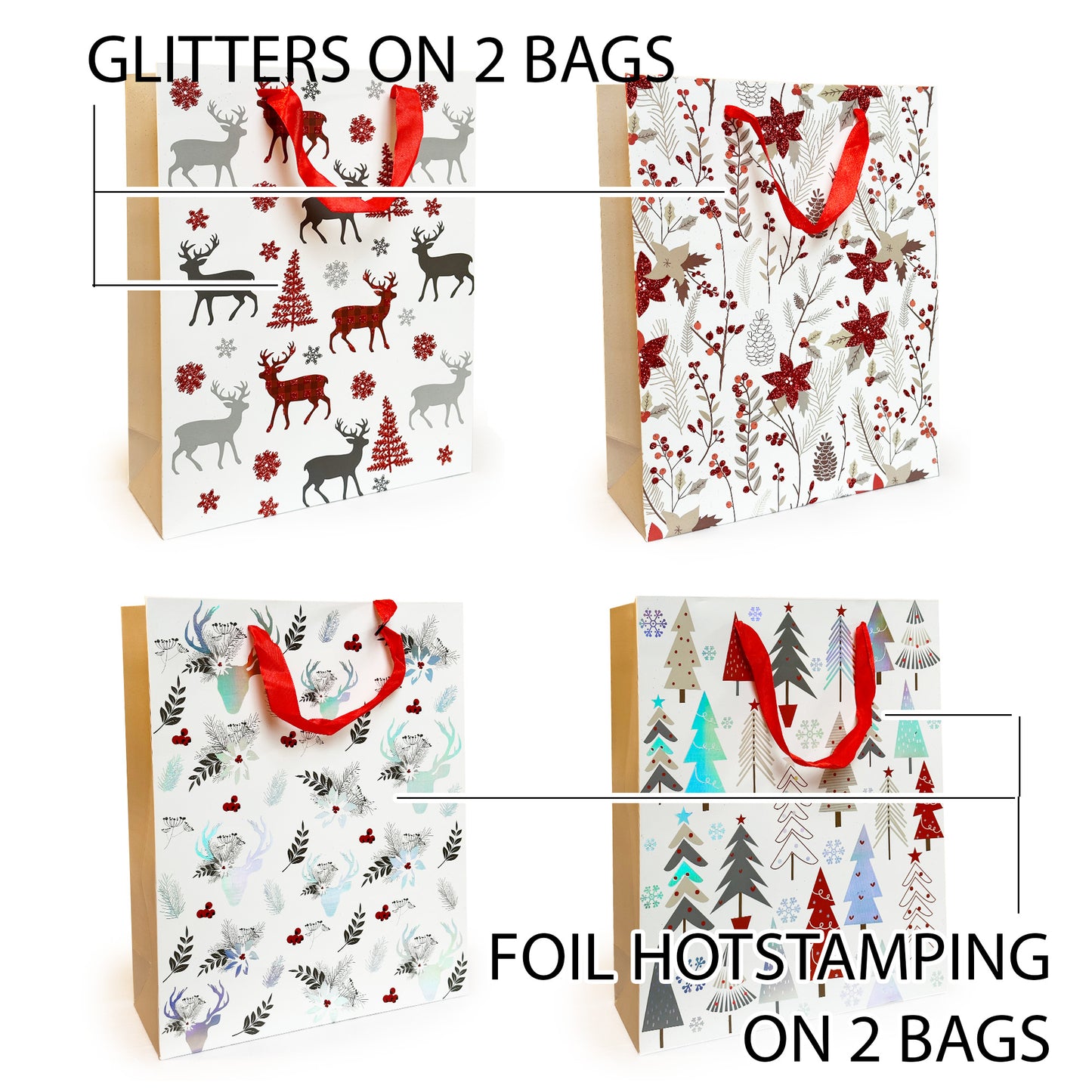 Allgala Gift Bags Christmas 12-PC Premium Metallic Foil Hotstamping or Glitter Chritmas Gift Bag