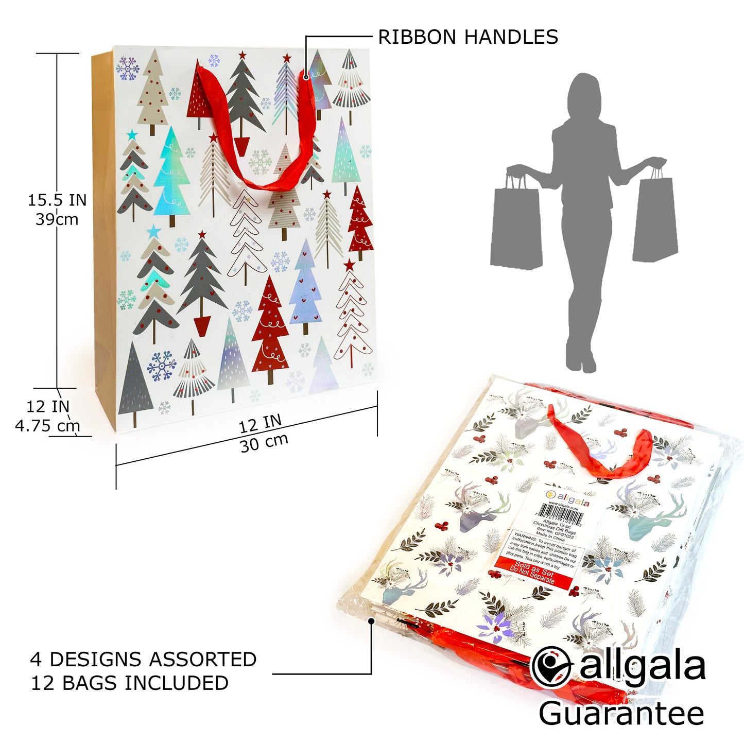 Allgala Gift Bags Christmas 12-PC Premium Metallic Foil Hotstamping or Glitter Chritmas Gift Bag