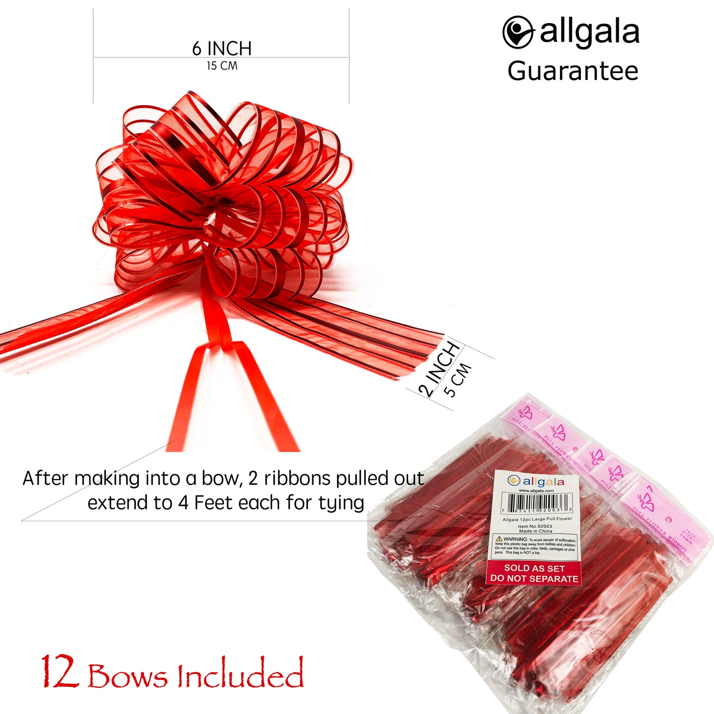 Allgala Pull Bows 12 Pack 6" Large Everyday Gift Wrap Wedding Deco Pull Flower Bows