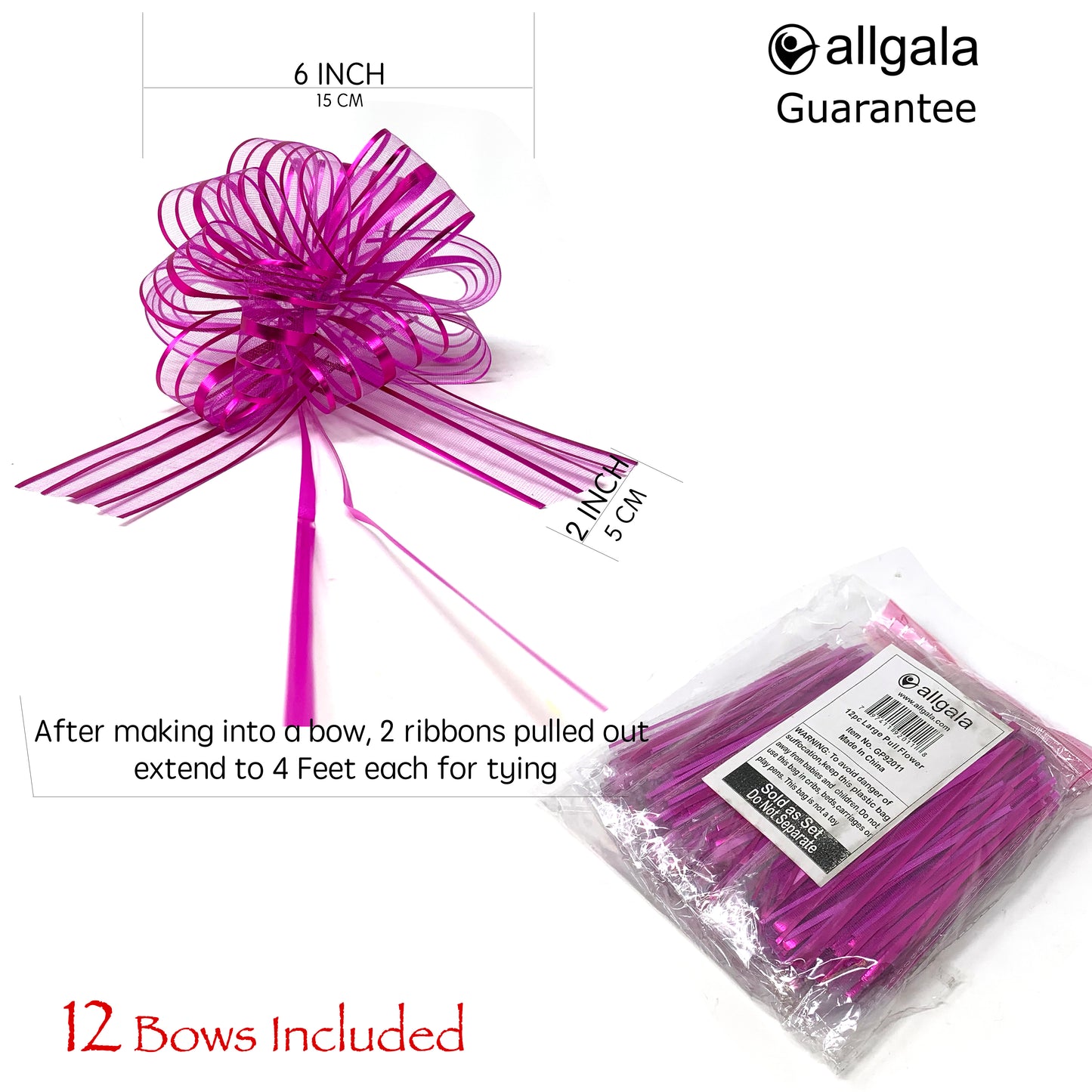 Allgala Pull Bows 12 Pack 6" Large Everyday Gift Wrap Wedding Deco Pull Flower Bows