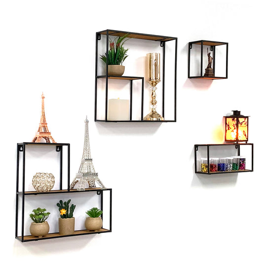 4-PC Set Wall Mount Creativity Black Metal Frame Wood Finish Floating Shelves