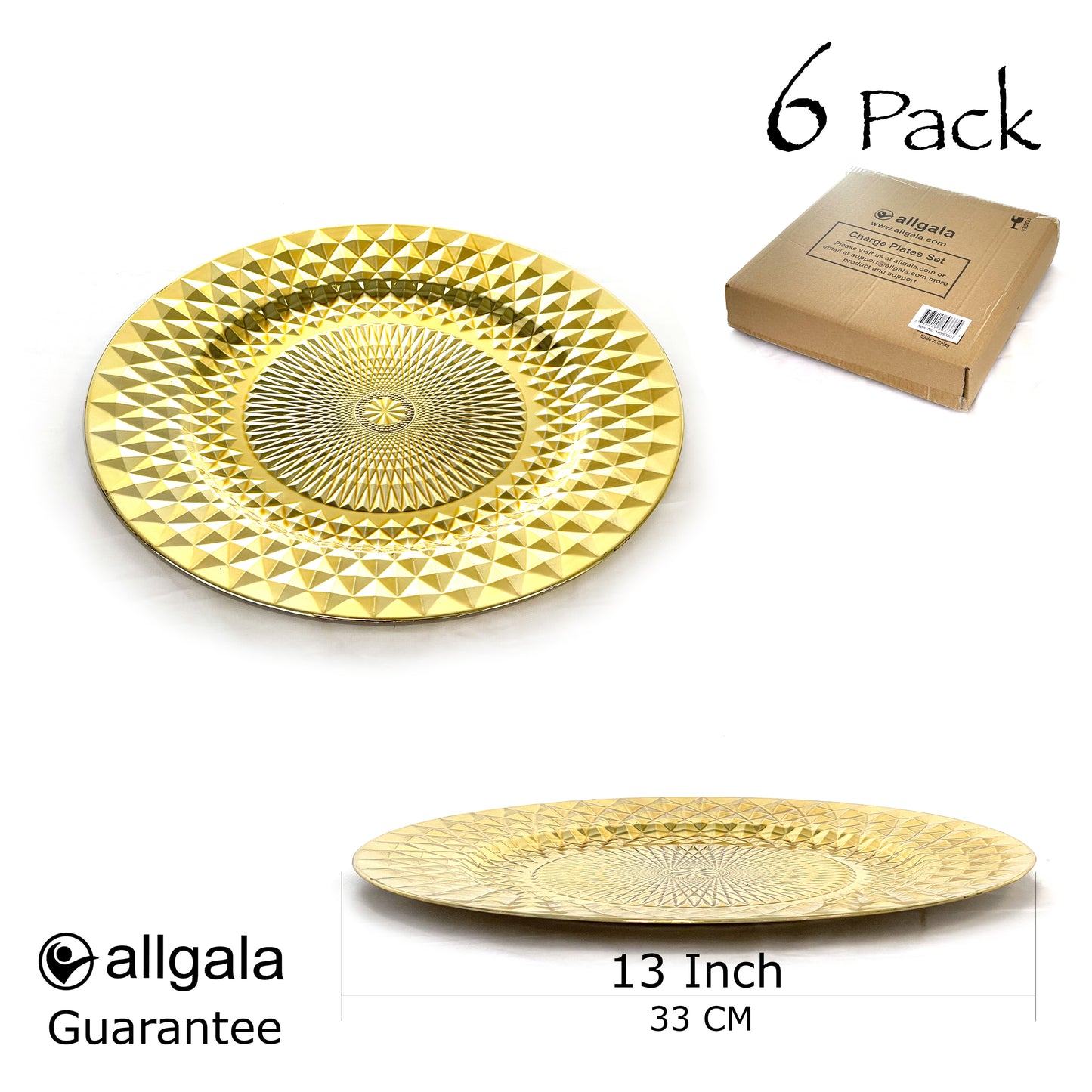 Allgala Charger Plates 13-Inch 6-Pack Plastic Diamond Pattern Sparkling Round Charger Plates