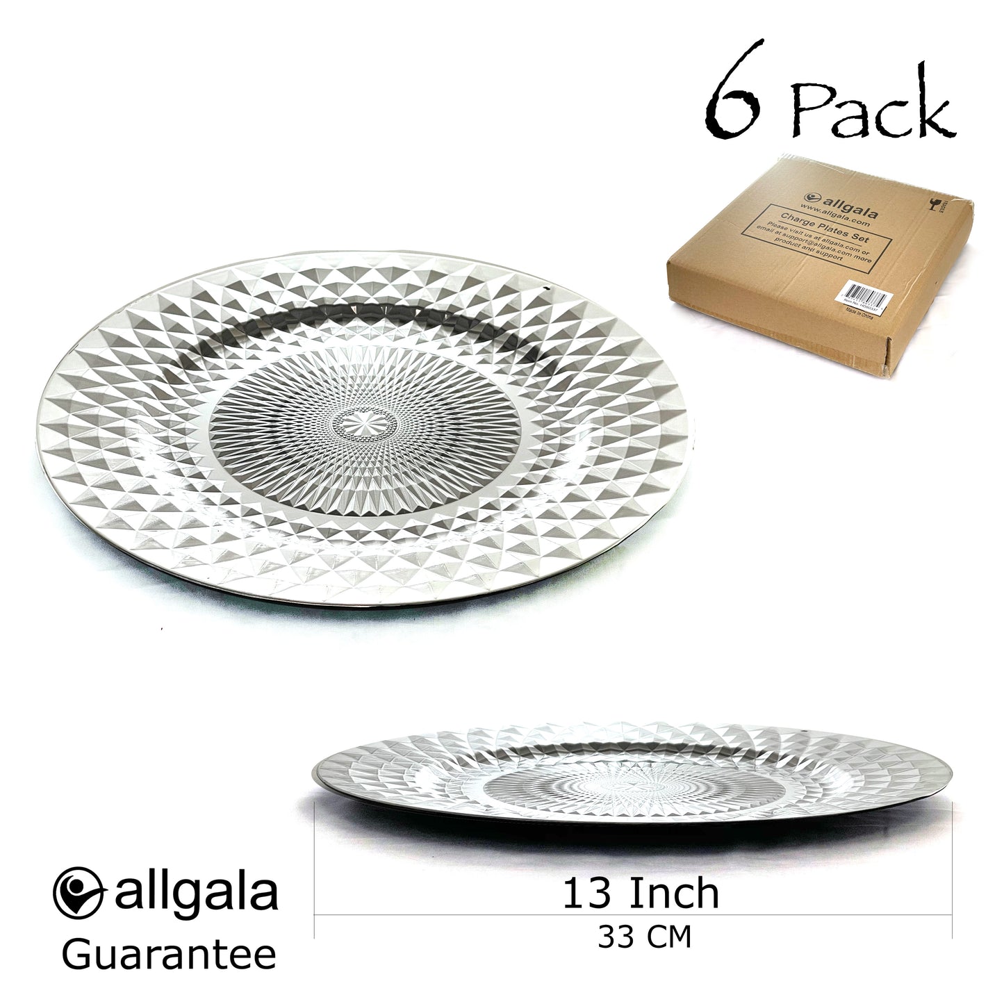 Allgala Charger Plates 13-Inch 6-Pack Plastic Diamond Pattern Sparkling Round Charger Plates