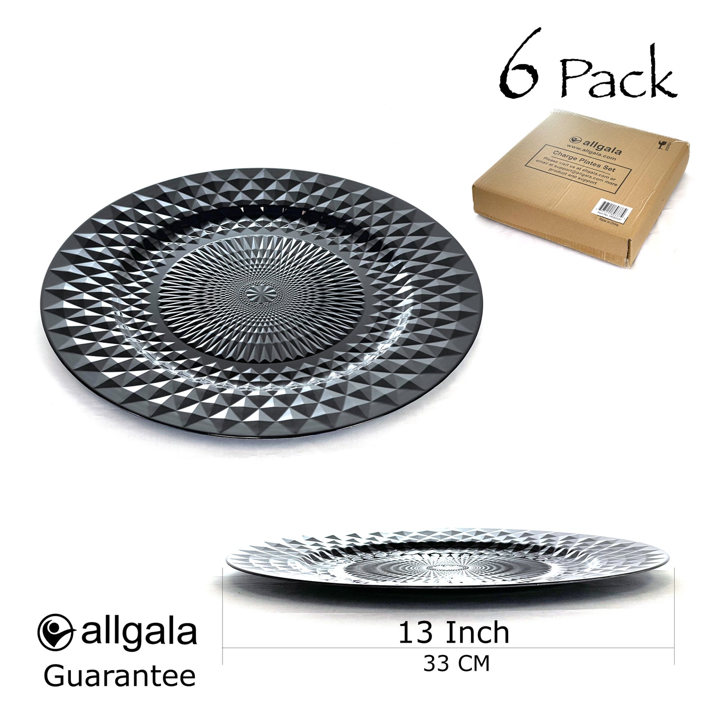 Allgala Charger Plates 13-Inch 6-Pack Plastic Diamond Pattern Sparkling Round Charger Plates
