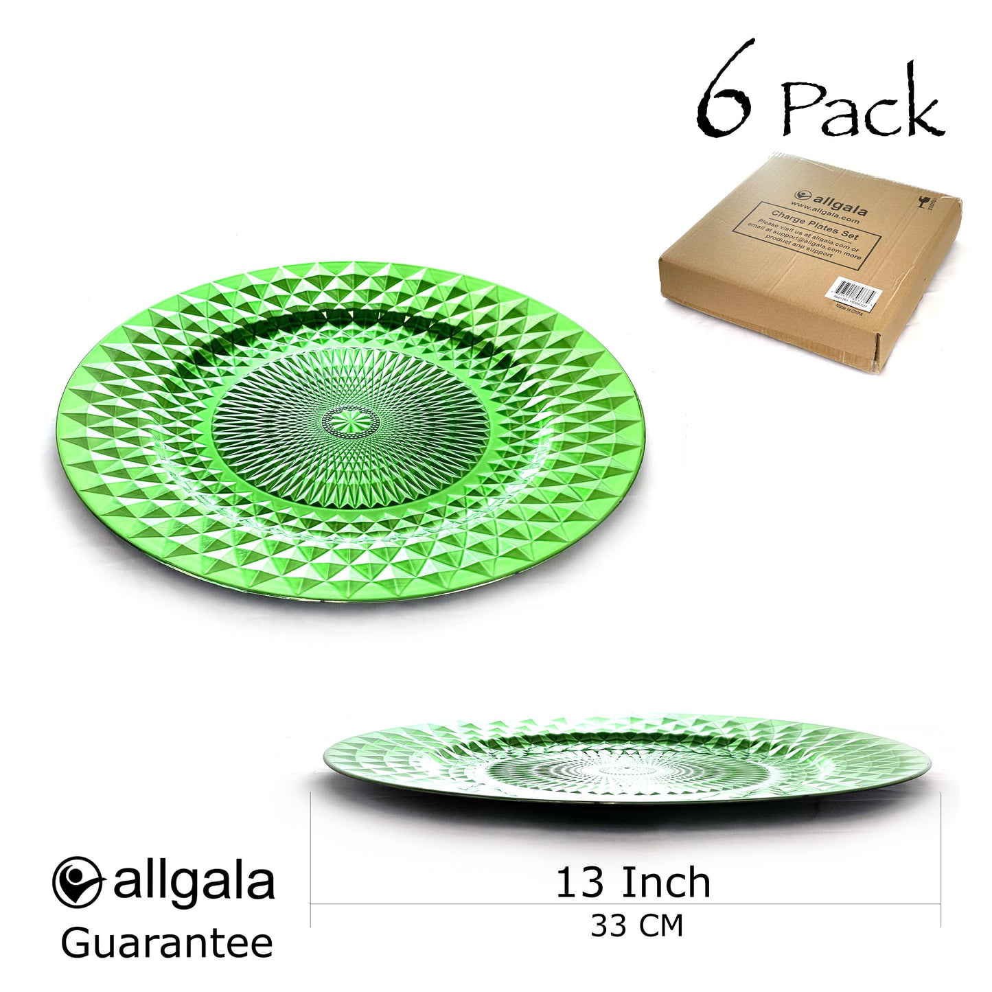 Allgala Charger Plates 13-Inch 6-Pack Plastic Diamond Pattern Sparkling Round Charger Plates
