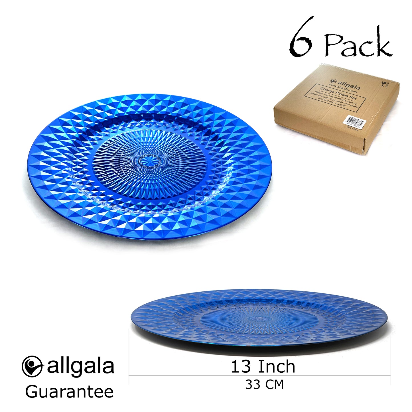 Allgala Charger Plates 13-Inch 6-Pack Plastic Diamond Pattern Sparkling Round Charger Plates