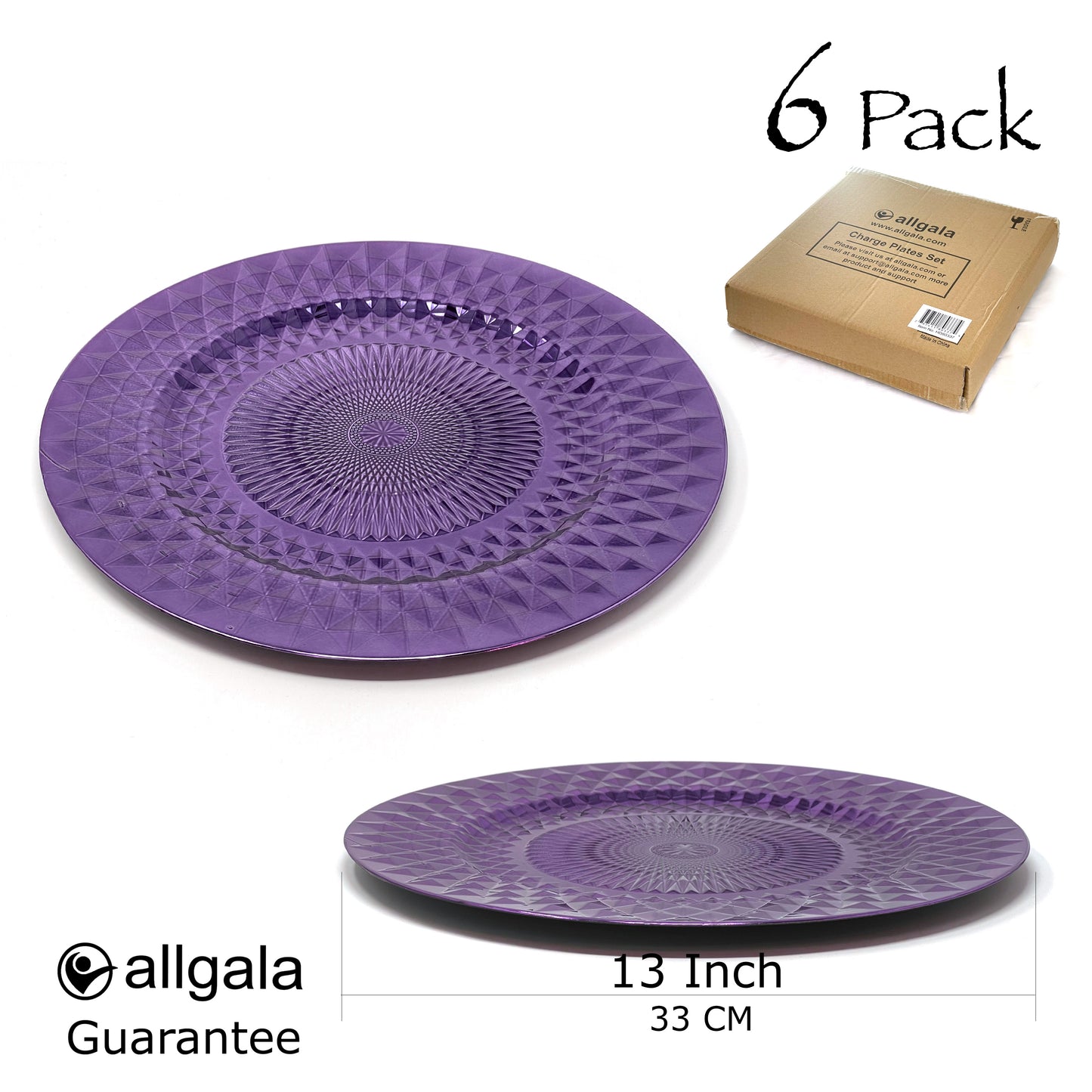 Allgala Charger Plates 13-Inch 6-Pack Plastic Diamond Pattern Sparkling Round Charger Plates
