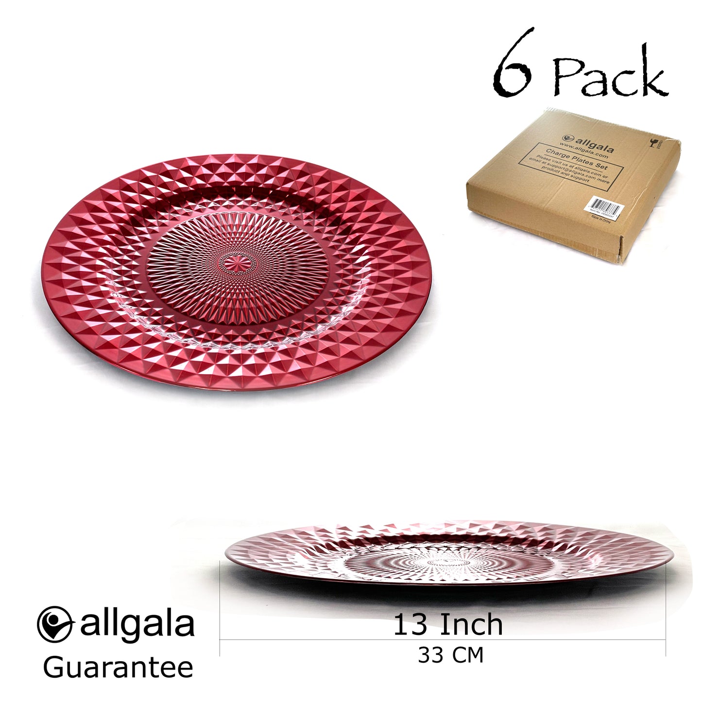 Allgala Charger Plates 13-Inch 6-Pack Plastic Diamond Pattern Sparkling Round Charger Plates