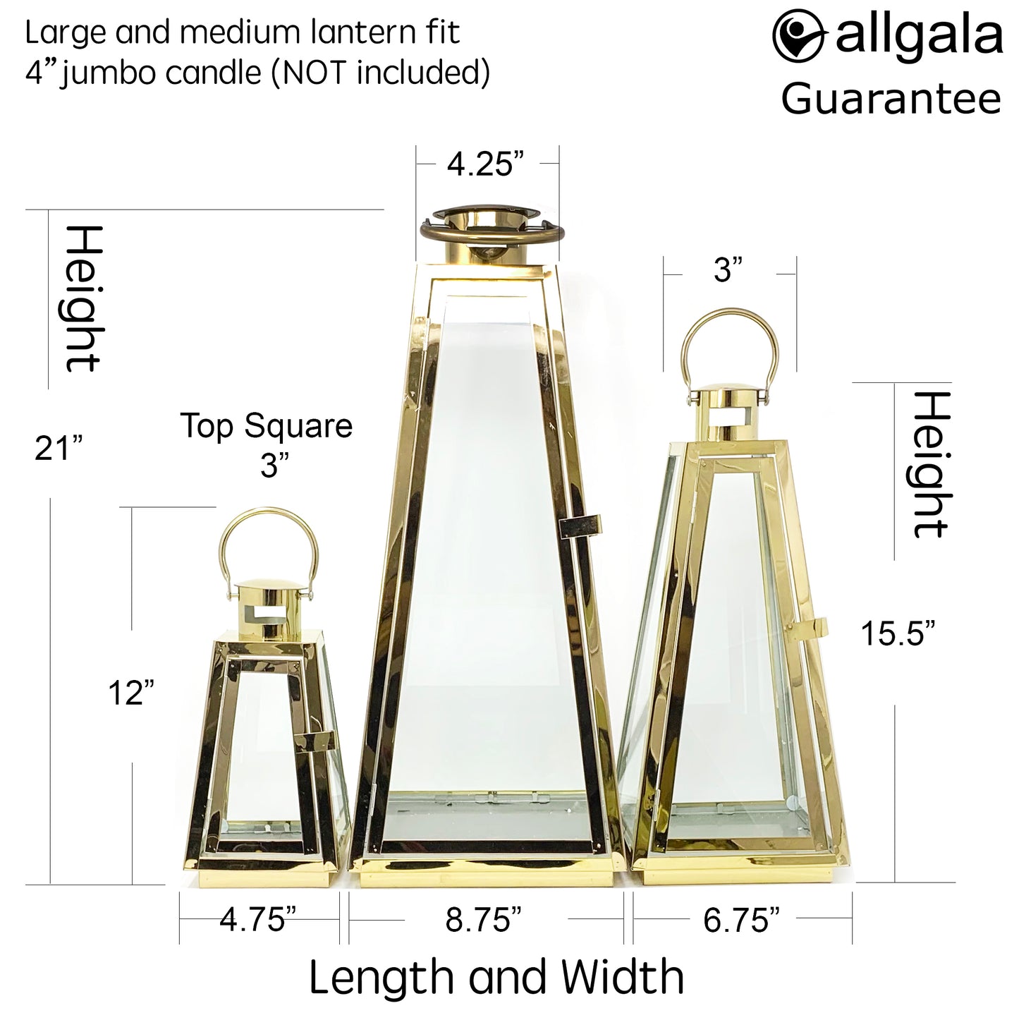 Allgala Lanterns 3-PC Set Jumbo Luxury Modern Indoor/Outdoor Hurricane Candle Lantern Set with Chrome Plated Structure and Tempered Glass-Taper