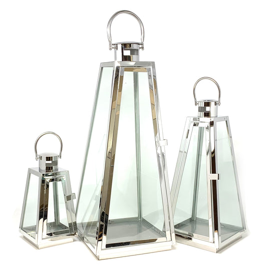 Allgala Lanterns 3-PC Set Jumbo Luxury Modern Indoor/Outdoor Hurricane Candle Lantern Set with Chrome Plated Structure and Tempered Glass-Taper