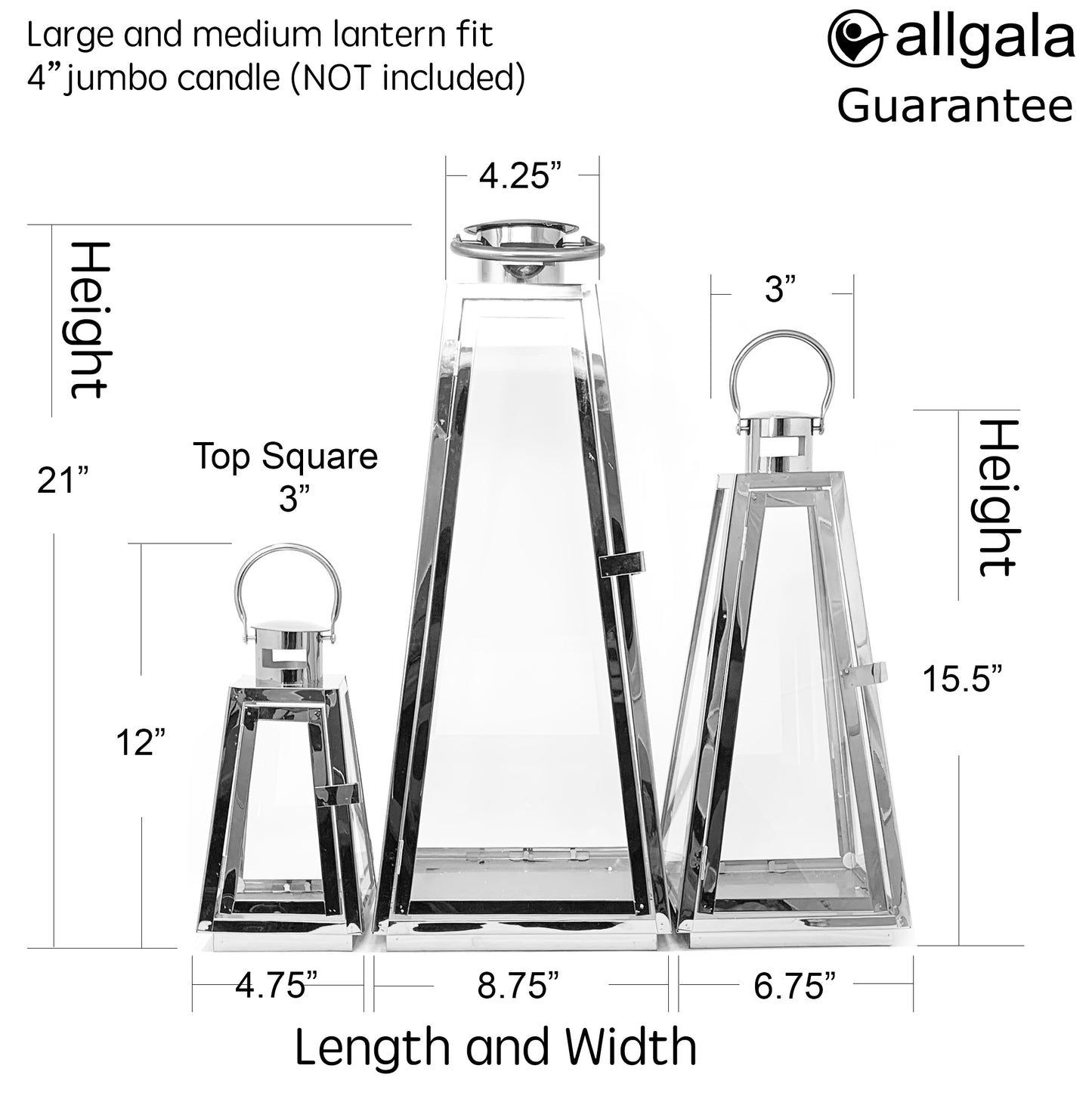 Allgala Lanterns 3-PC Set Jumbo Luxury Modern Indoor/Outdoor Hurricane Candle Lantern Set with Chrome Plated Structure and Tempered Glass-Taper