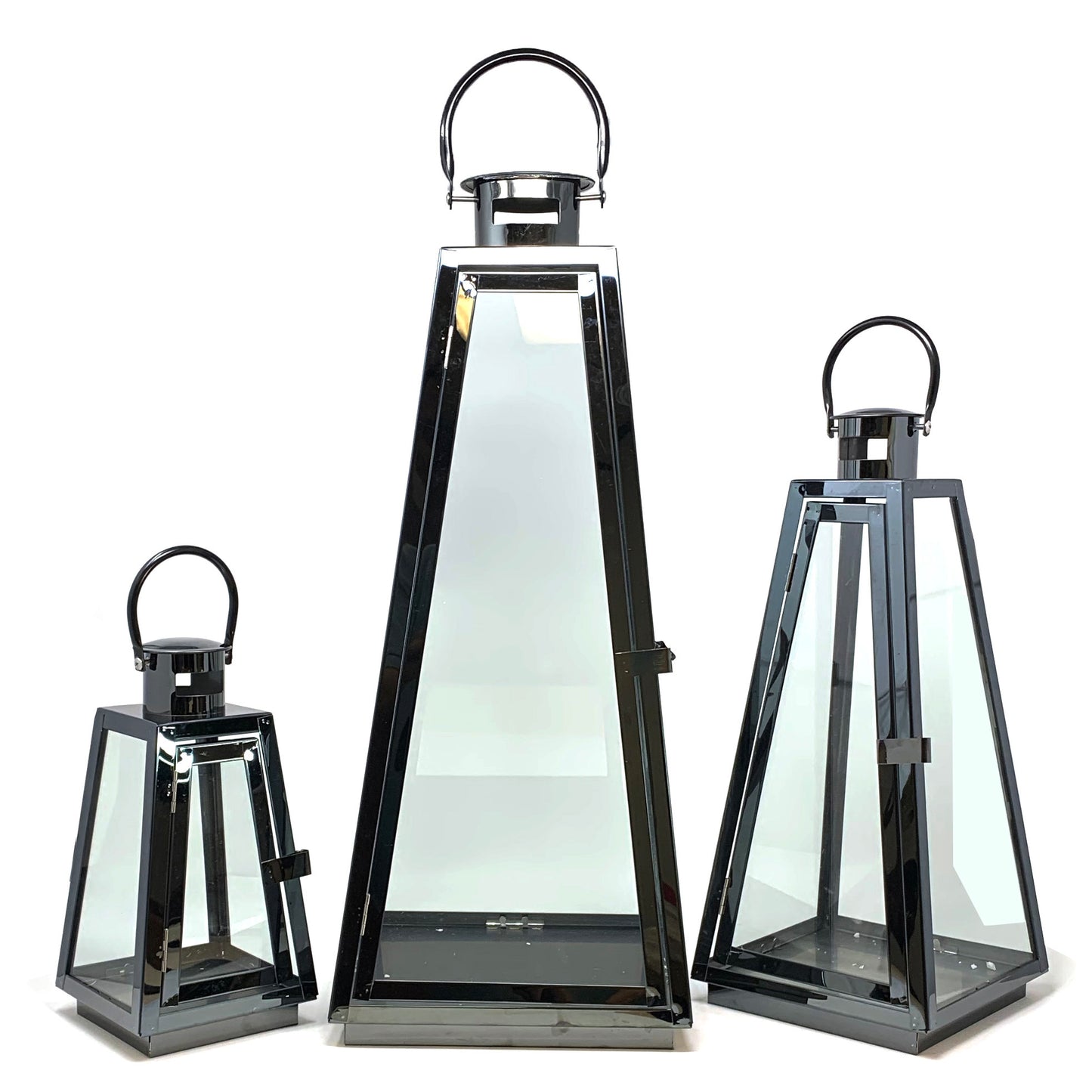 Allgala Lanterns 3-PC Set Jumbo Luxury Modern Indoor/Outdoor Hurricane Candle Lantern Set with Chrome Plated Structure and Tempered Glass-Taper