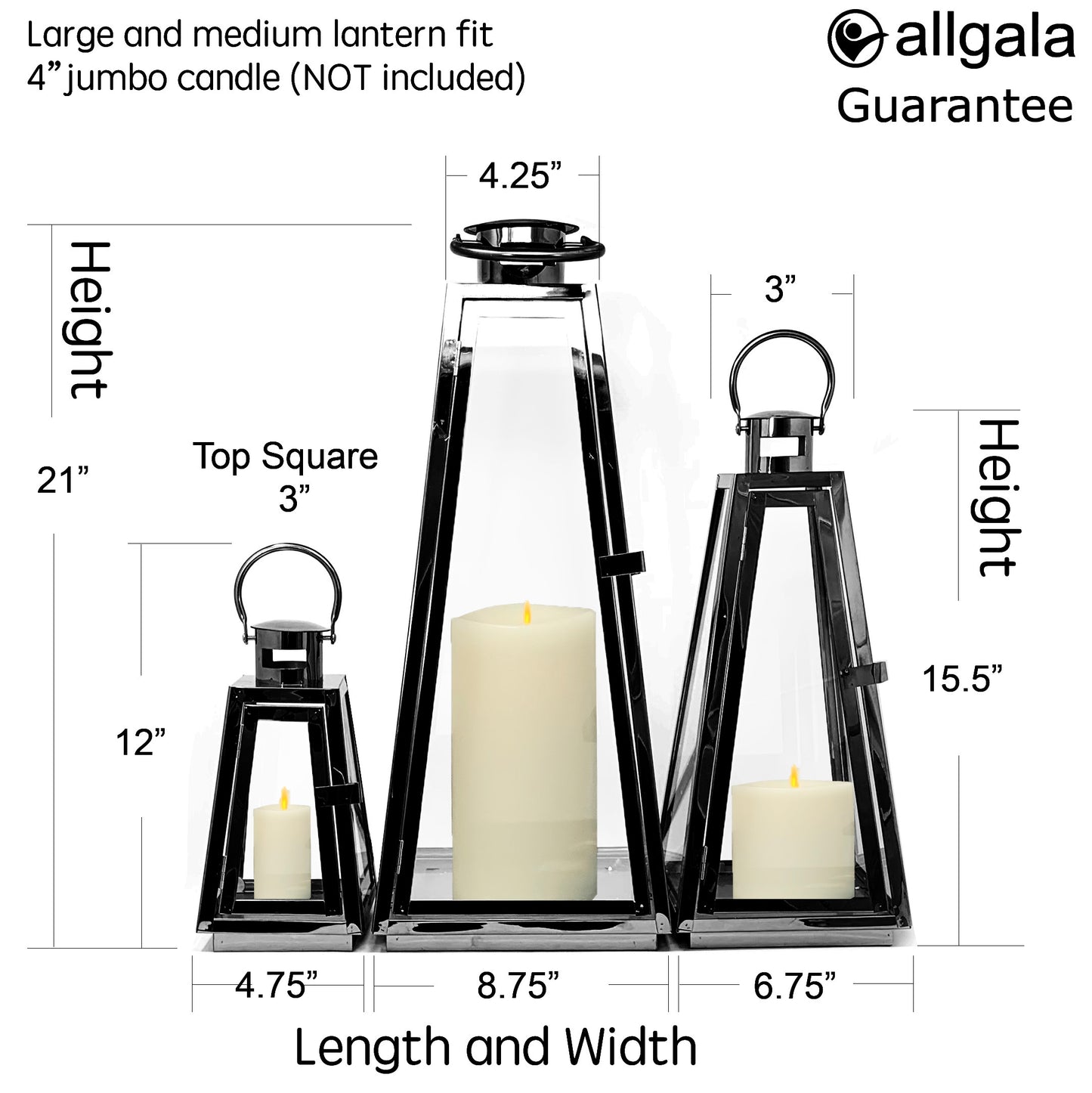 Allgala Lanterns 3-PC Set Jumbo Luxury Modern Indoor/Outdoor Hurricane Candle Lantern Set with Chrome Plated Structure and Tempered Glass-Taper