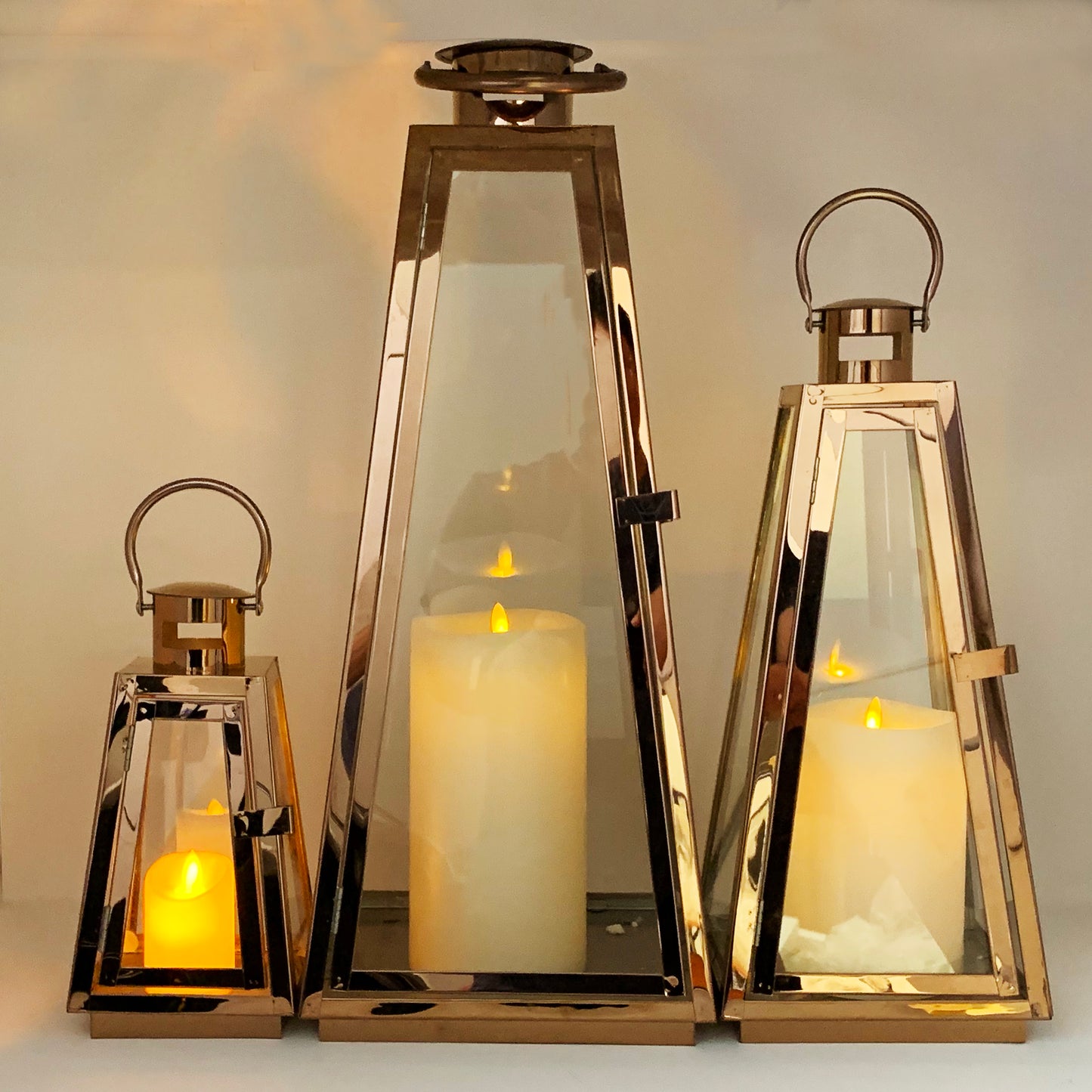 Allgala Lanterns 3-PC Set Jumbo Luxury Modern Indoor/Outdoor Hurricane Candle Lantern Set with Chrome Plated Structure and Tempered Glass-Taper