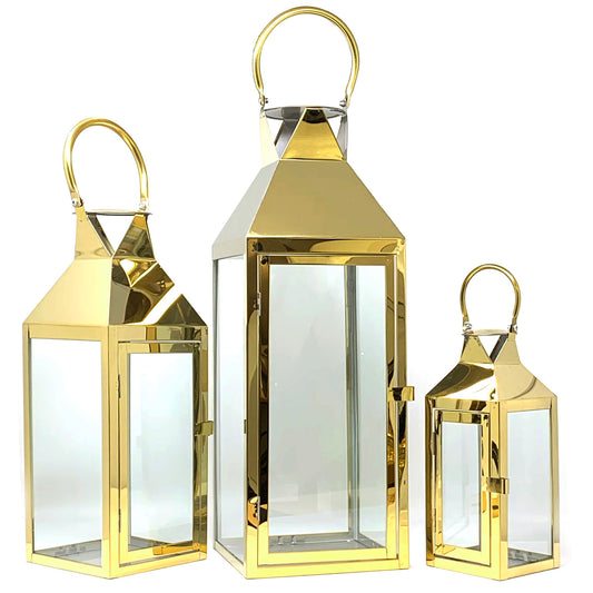 Allgala Lanterns 3-PC Set Jumbo Indoor/Outdoor Hurricane Candle Lantern Set with Chrome Plated Structure and Tempered Glass-Pyramid Top