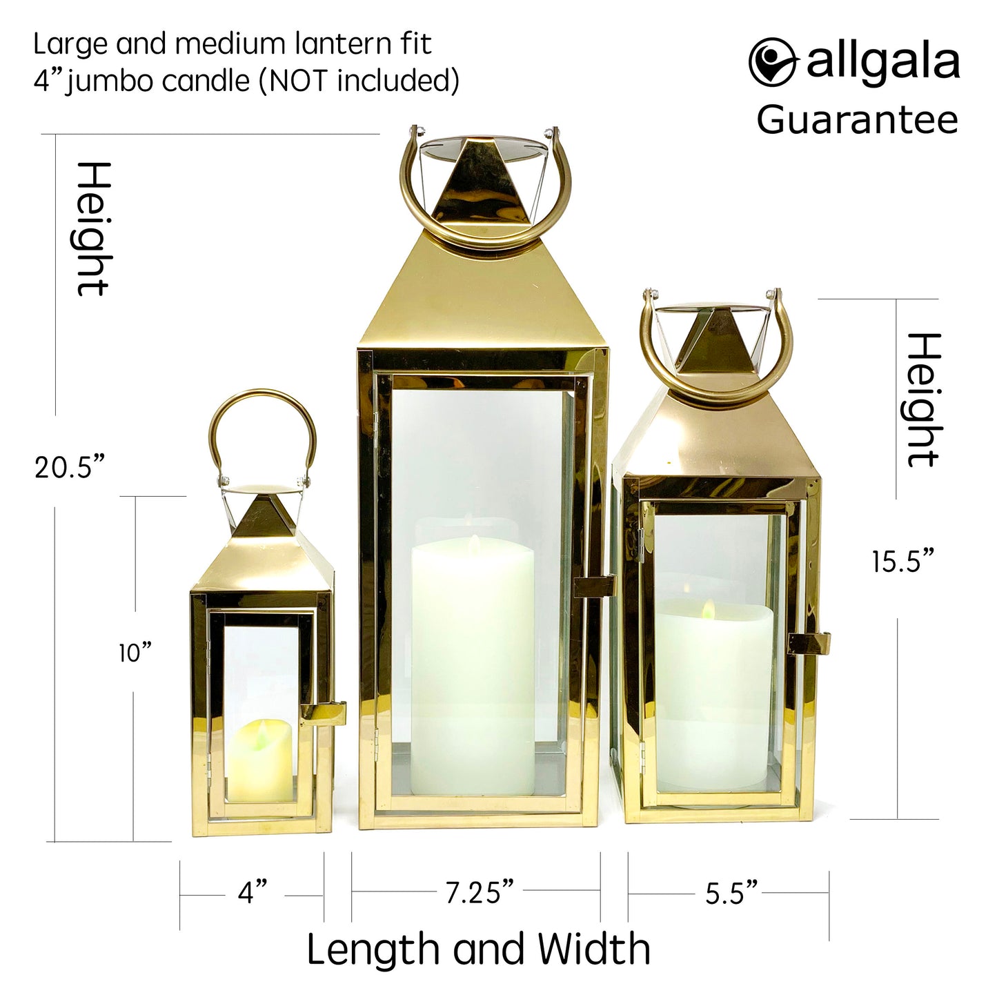 Allgala Lanterns 3-PC Set Jumbo Indoor/Outdoor Hurricane Candle Lantern Set with Chrome Plated Structure and Tempered Glass-Pyramid Top