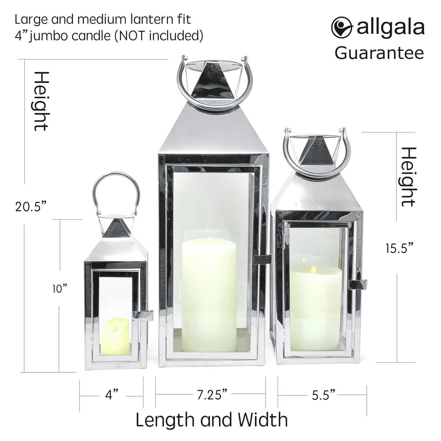 Allgala Lanterns 3-PC Set Jumbo Indoor/Outdoor Hurricane Candle Lantern Set with Chrome Plated Structure and Tempered Glass-Pyramid Top