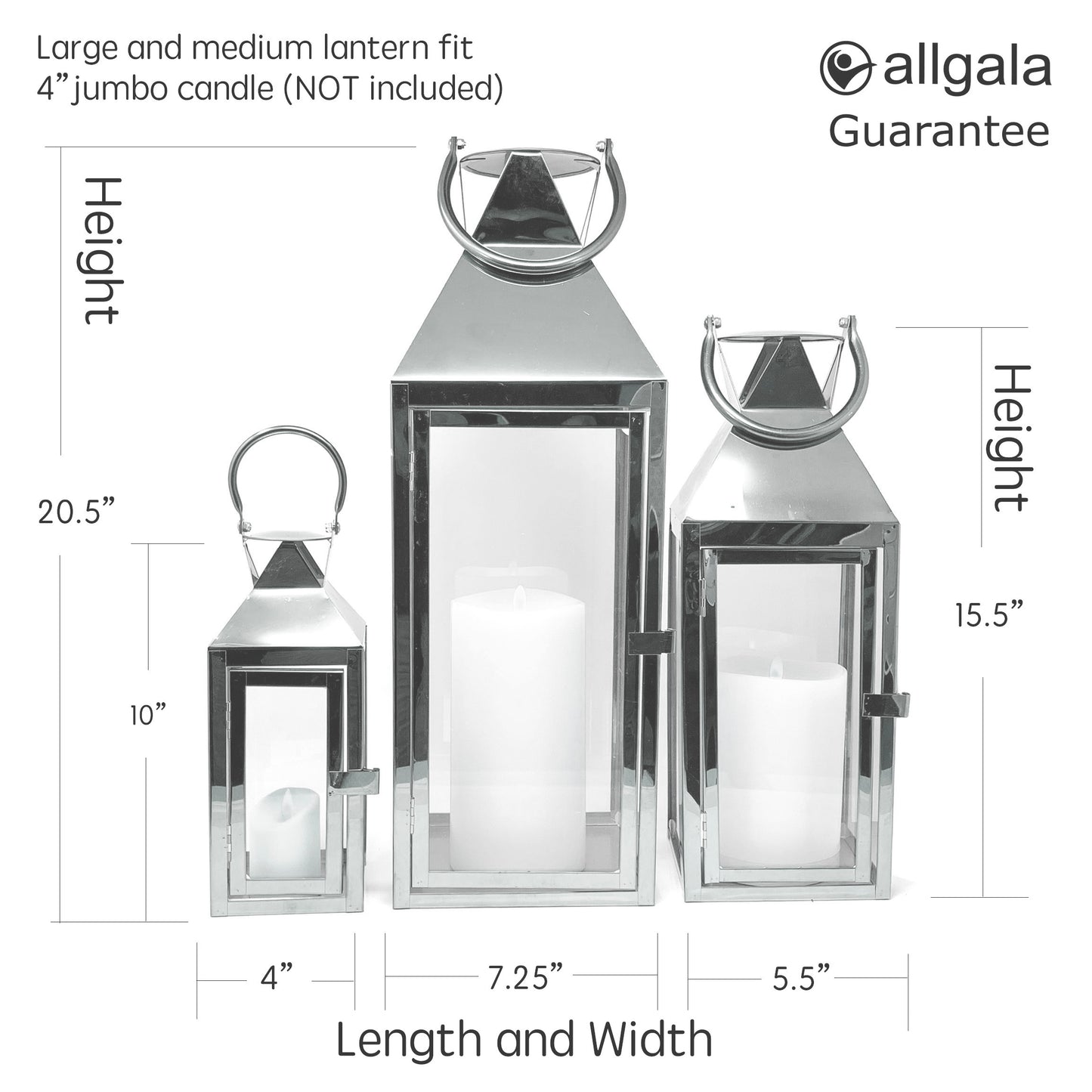 Allgala Lanterns 3-PC Set Jumbo Indoor/Outdoor Hurricane Candle Lantern Set with Chrome Plated Structure and Tempered Glass-Pyramid Top