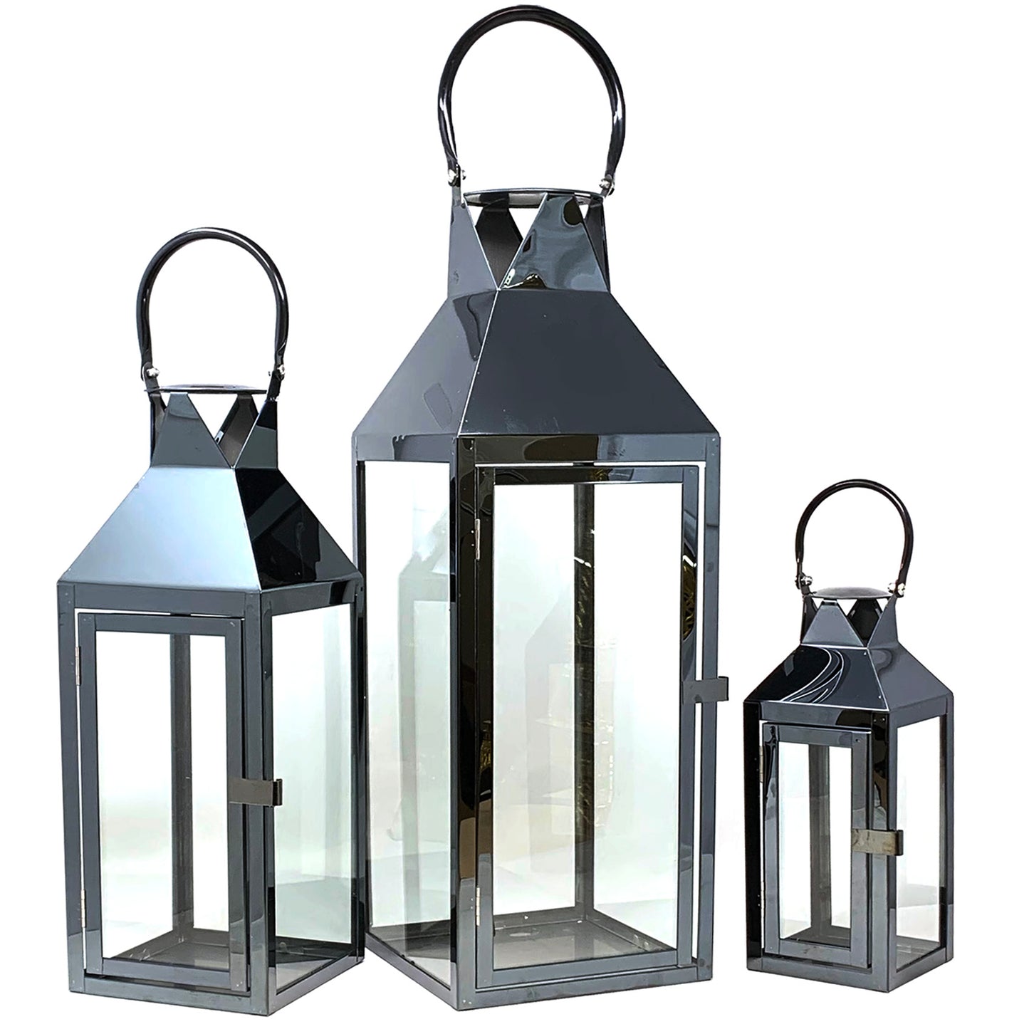 Allgala Lanterns 3-PC Set Jumbo Indoor/Outdoor Hurricane Candle Lantern Set with Chrome Plated Structure and Tempered Glass-Pyramid Top