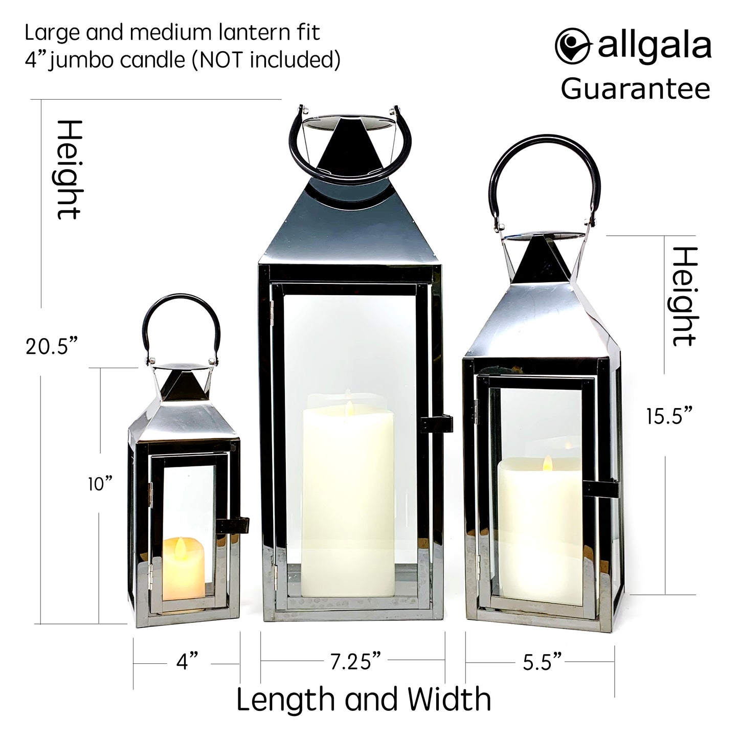 Allgala Lanterns 3-PC Set Jumbo Indoor/Outdoor Hurricane Candle Lantern Set with Chrome Plated Structure and Tempered Glass-Pyramid Top