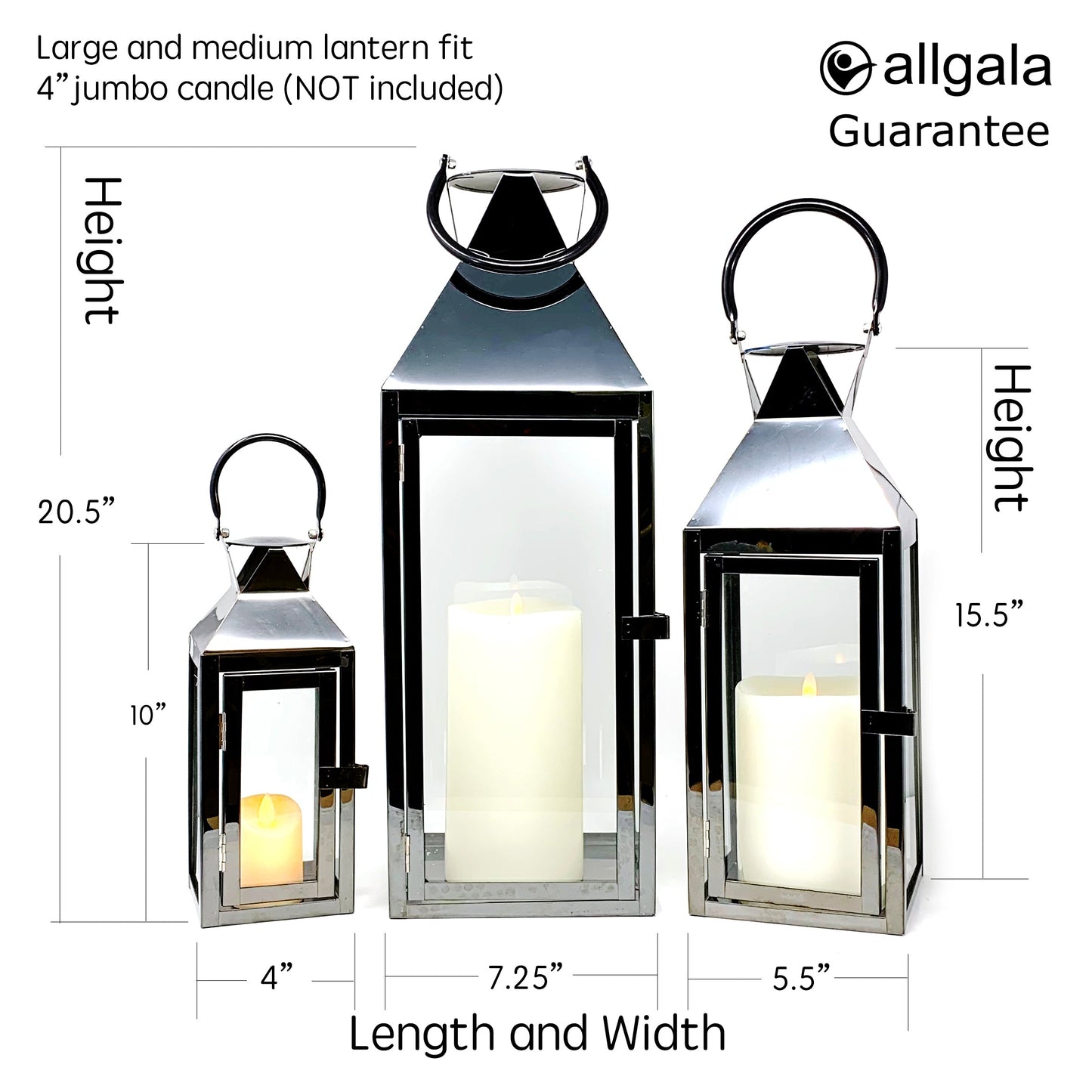 Allgala Lanterns 8 SET 3-PC Set Jumbo Indoor/Outdoor Hurricane Candle Lantern Set with Chrome Plated Structure and Tempered Glass-Pyramid Top