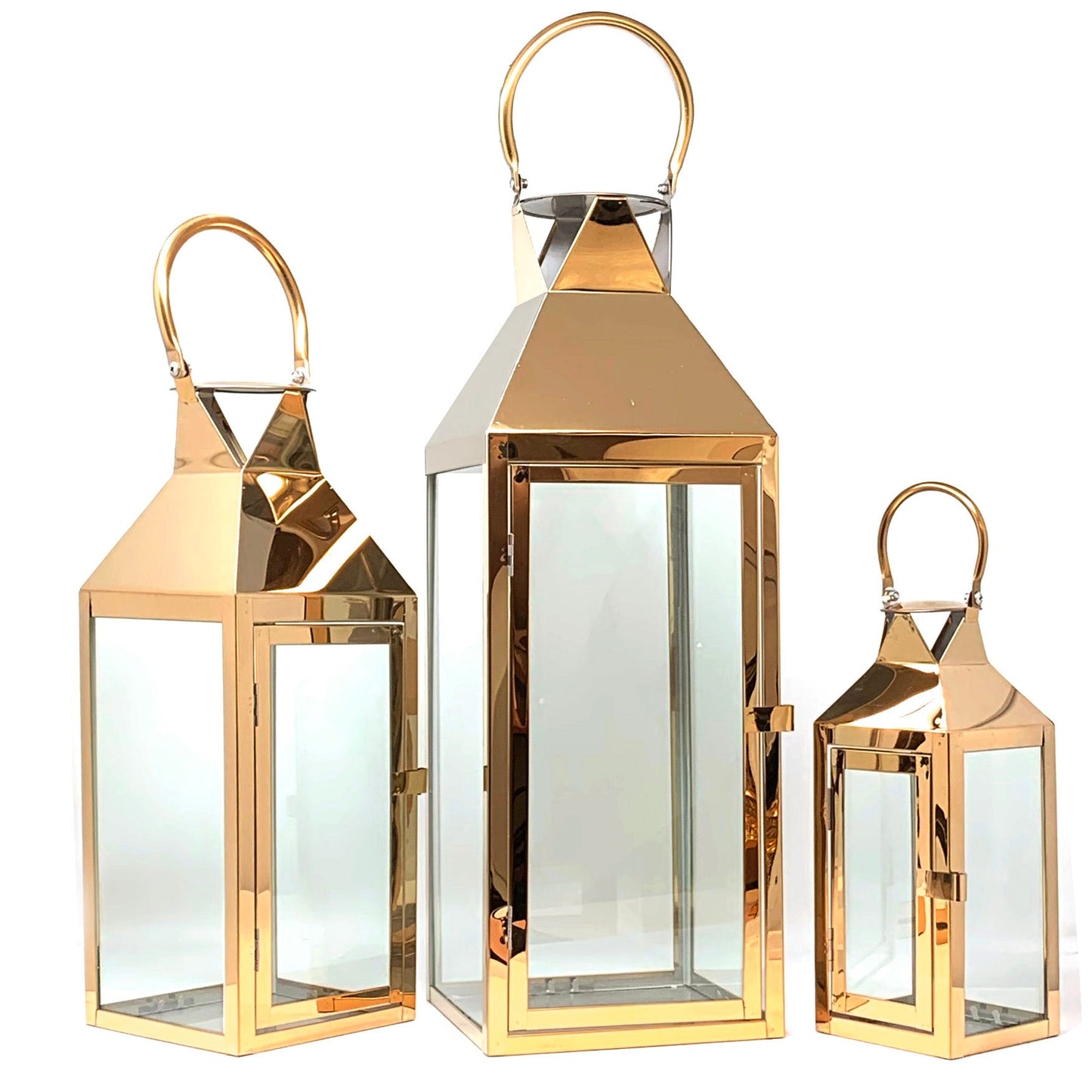 Allgala Lanterns 8 SET 3-PC Set Jumbo Indoor/Outdoor Hurricane Candle Lantern Set with Chrome Plated Structure and Tempered Glass-Pyramid Top