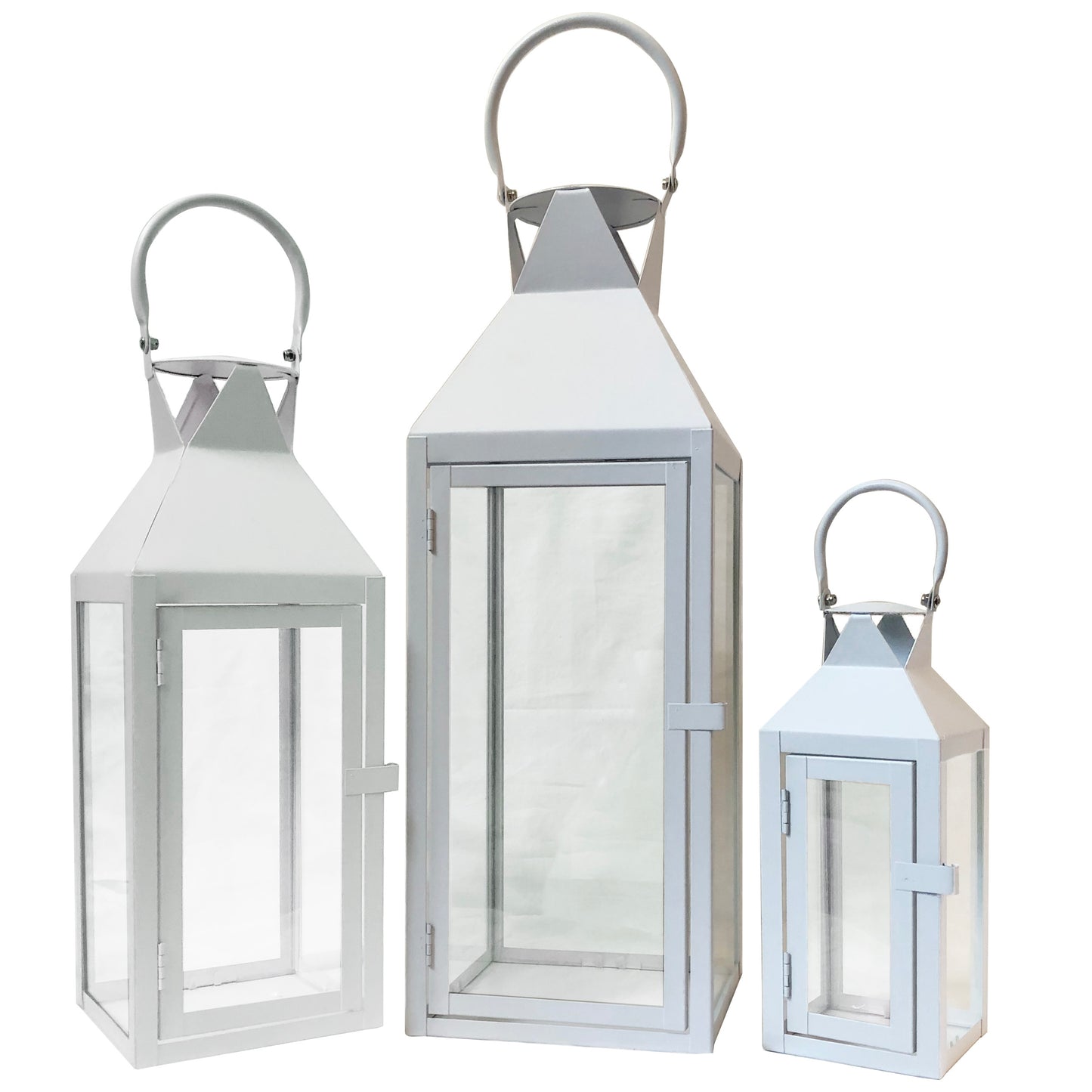 Allgala Lanterns 3-PC Set Jumbo Indoor/Outdoor Hurricane Candle Lantern Set with Chrome Plated Structure and Tempered Glass-Pyramid Top