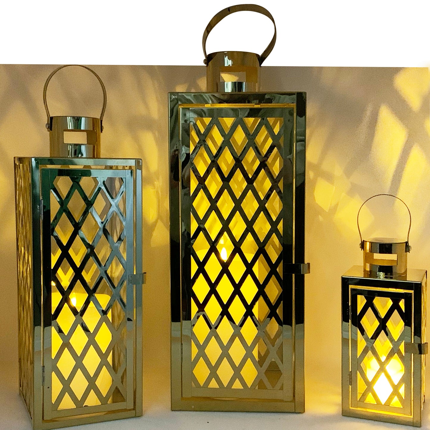 Allgala Lantern Set 3-PC Set Jumbo Luxury Modern Indoor/Outdoor Hurricane Candle Lantern Set with Chrome Plated Structure and Tempered Glass-Diamond Gold-HD88051