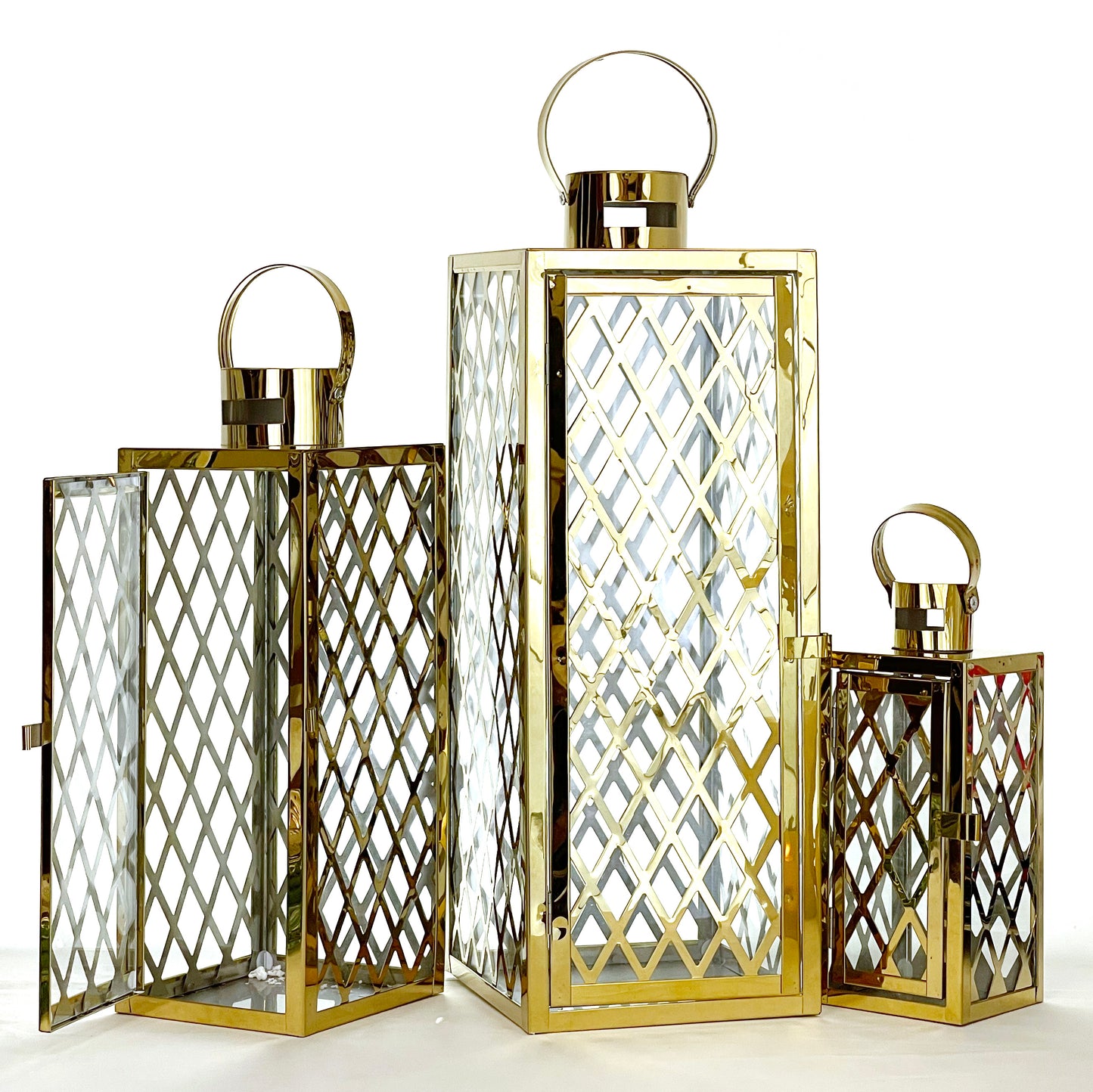Allgala Lantern Set 3-PC Set Jumbo Luxury Modern Indoor/Outdoor Hurricane Candle Lantern Set with Chrome Plated Structure and Tempered Glass-Diamond Gold-HD88051
