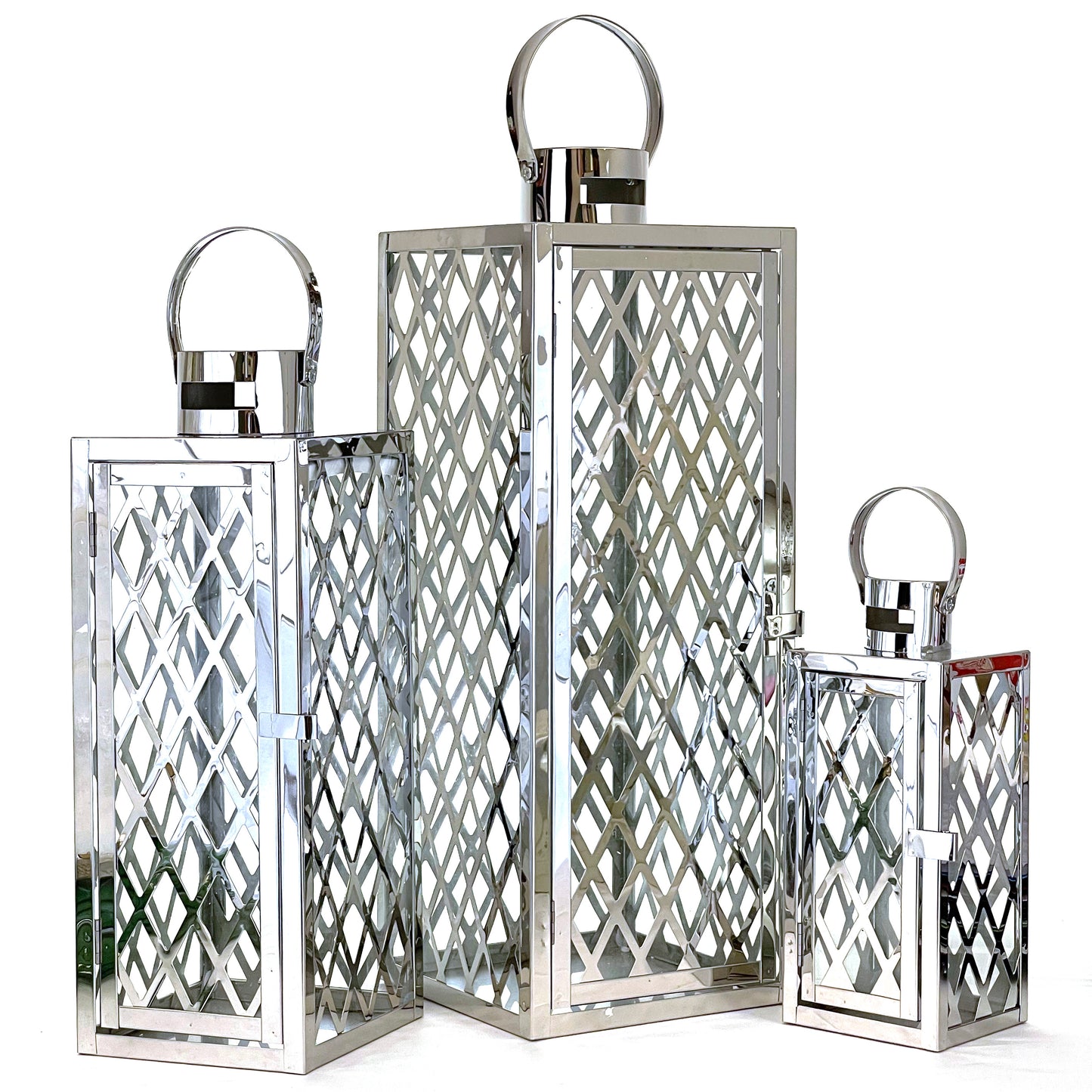 Allgala Lantern Set 3-PC Set Jumbo Luxury Modern Indoor/Outdoor Hurricane Candle Lantern Set with Chrome Plated Structure and Tempered Glass-Diamond Gold-HD88051