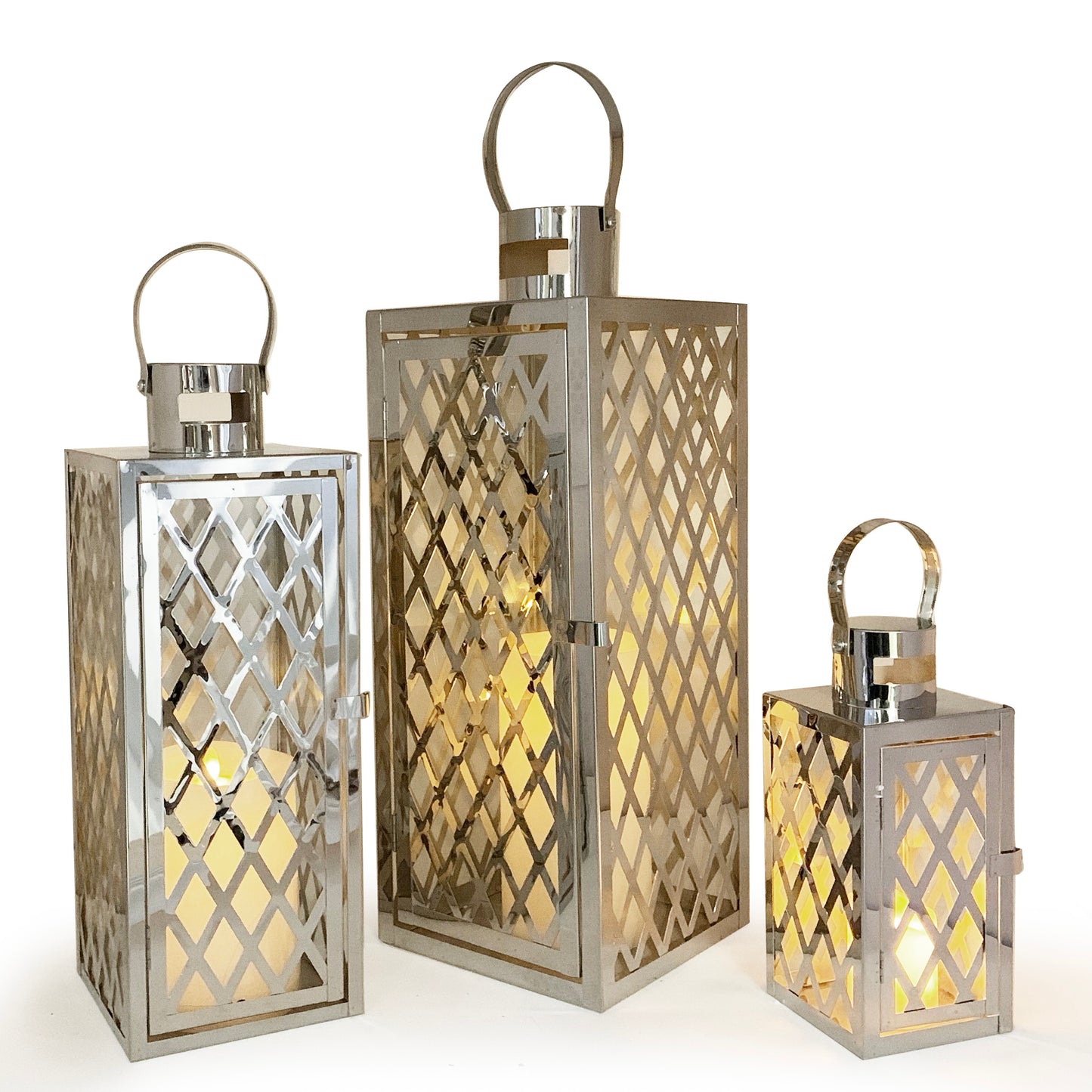 Allgala Lantern Set 3-PC Set Jumbo Luxury Modern Indoor/Outdoor Hurricane Candle Lantern Set with Chrome Plated Structure and Tempered Glass-Diamond Gold-HD88051