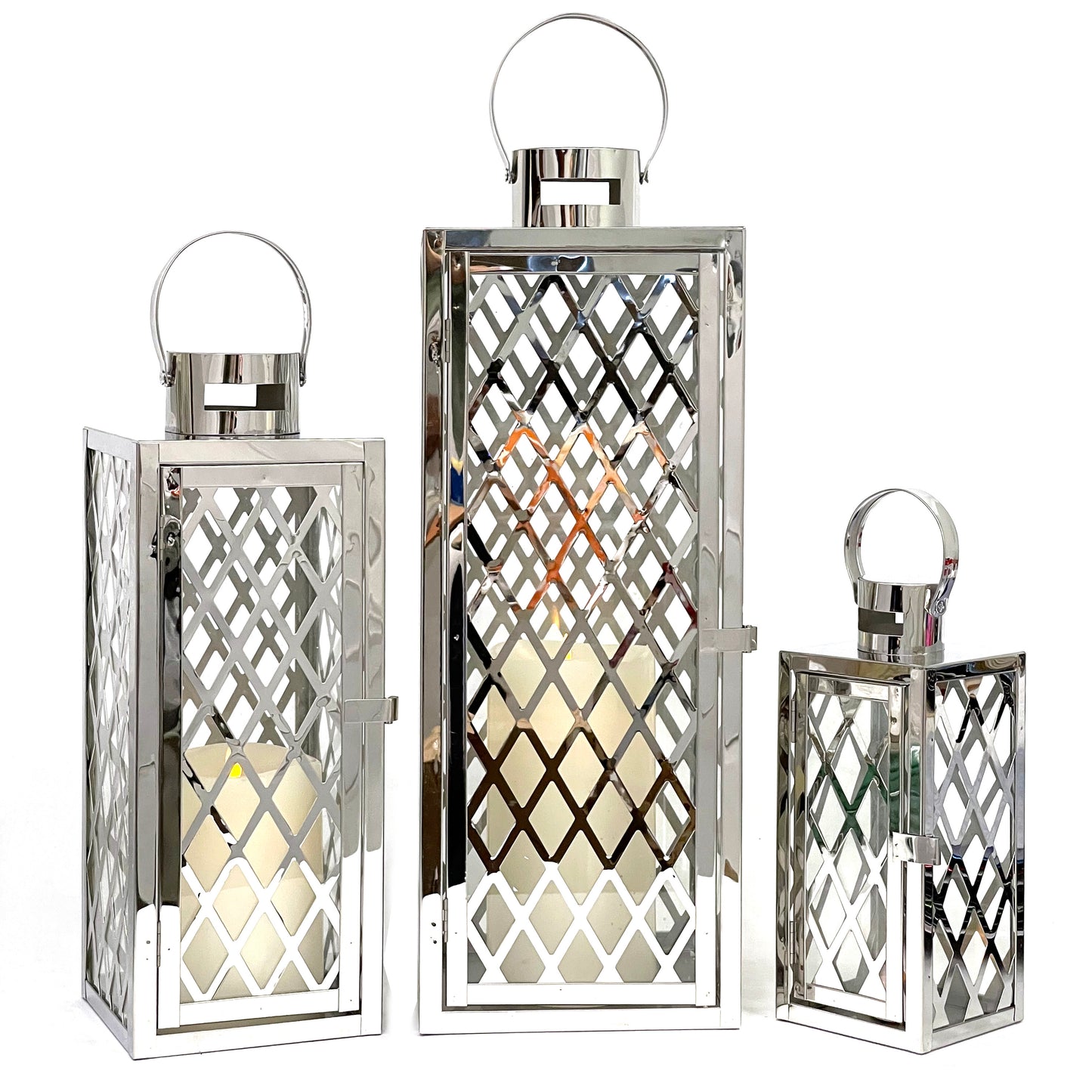 Allgala Lantern Set 3-PC Set Jumbo Luxury Modern Indoor/Outdoor Hurricane Candle Lantern Set with Chrome Plated Structure and Tempered Glass-Diamond Gold-HD88051