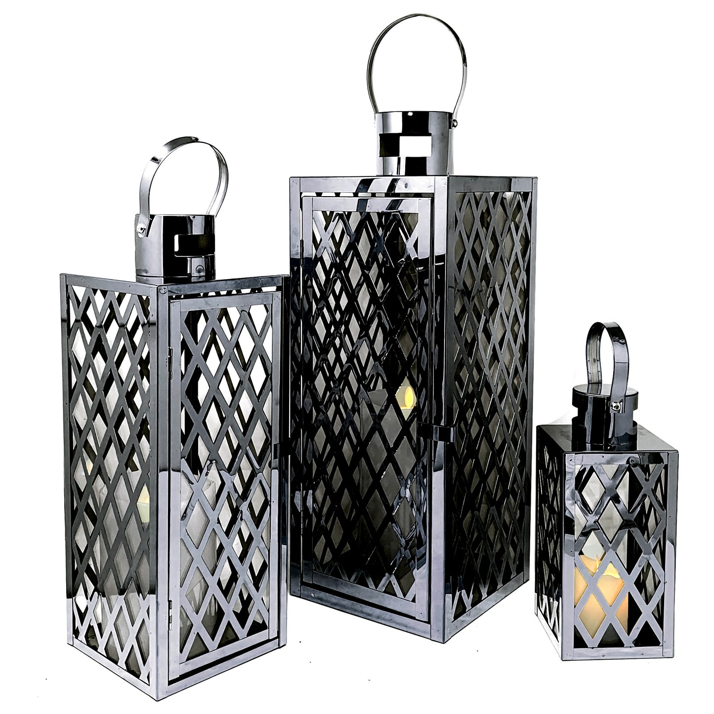 Allgala Lantern Set 3-PC Set Jumbo Luxury Modern Indoor/Outdoor Hurricane Candle Lantern Set with Chrome Plated Structure and Tempered Glass-Diamond Gold-HD88051