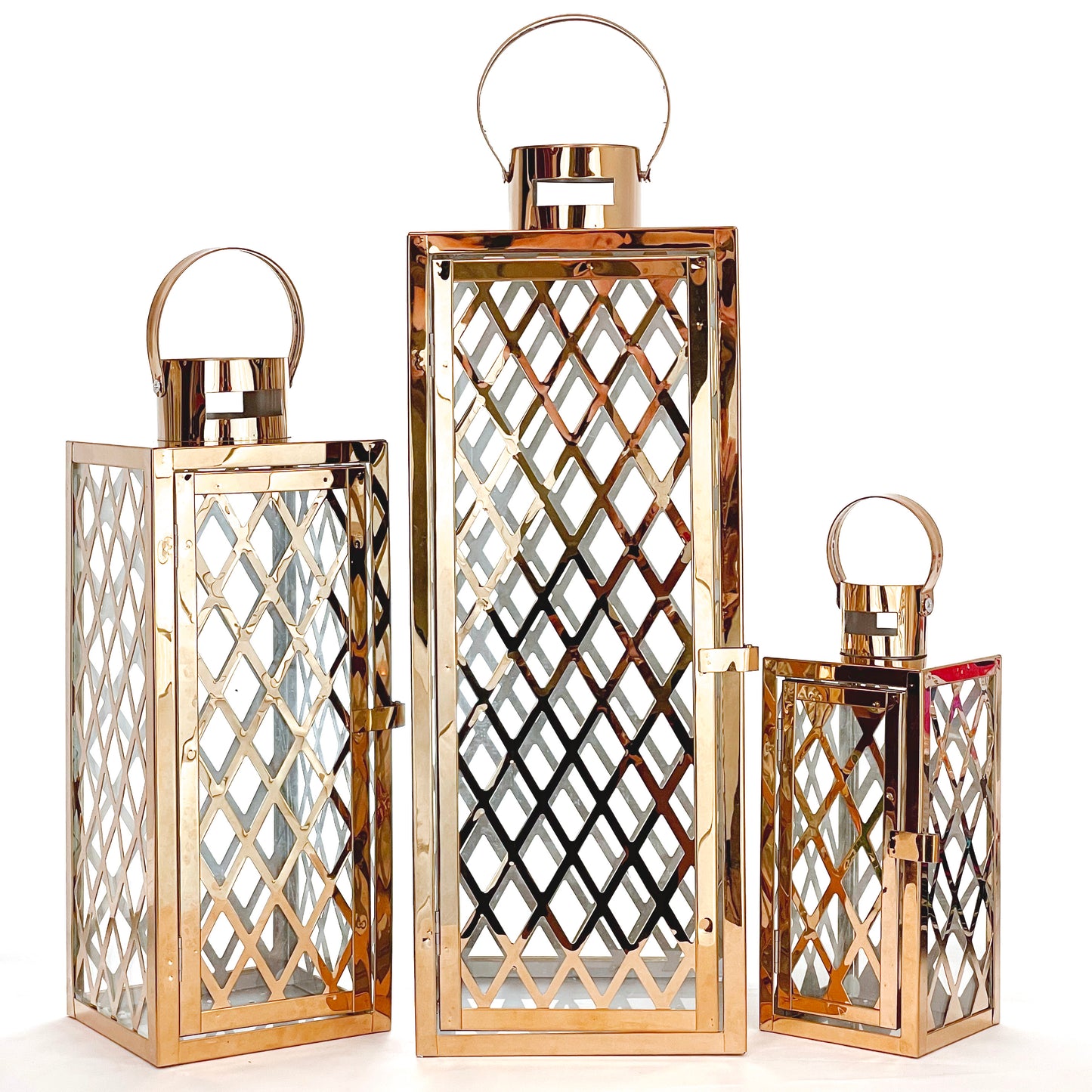 Allgala Lantern Set 3-PC Set Jumbo Luxury Modern Indoor/Outdoor Hurricane Candle Lantern Set with Chrome Plated Structure and Tempered Glass-Diamond Gold-HD88051
